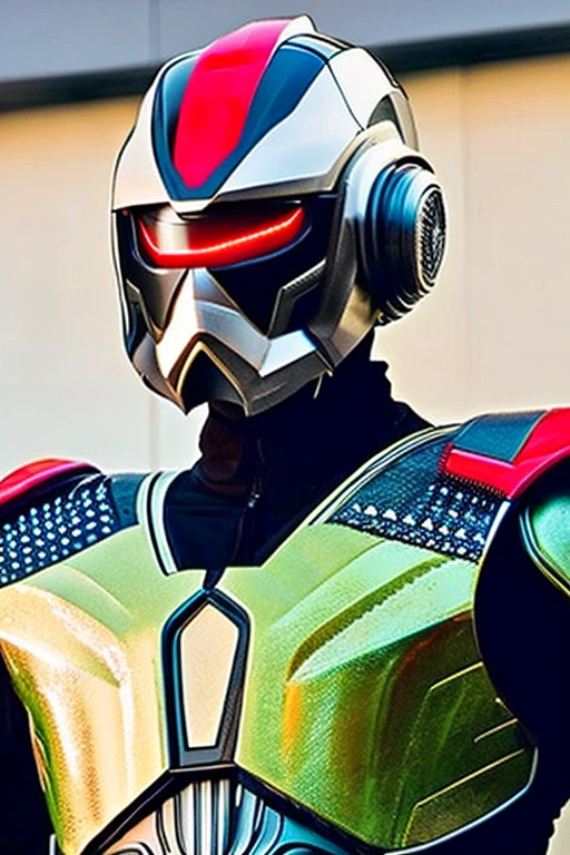 Image of a Kamen Rider-like cyborg, a Japanese special effects hero, wearing a full-face cyber helmet and highly mobile armor, posing in the center of the screen.