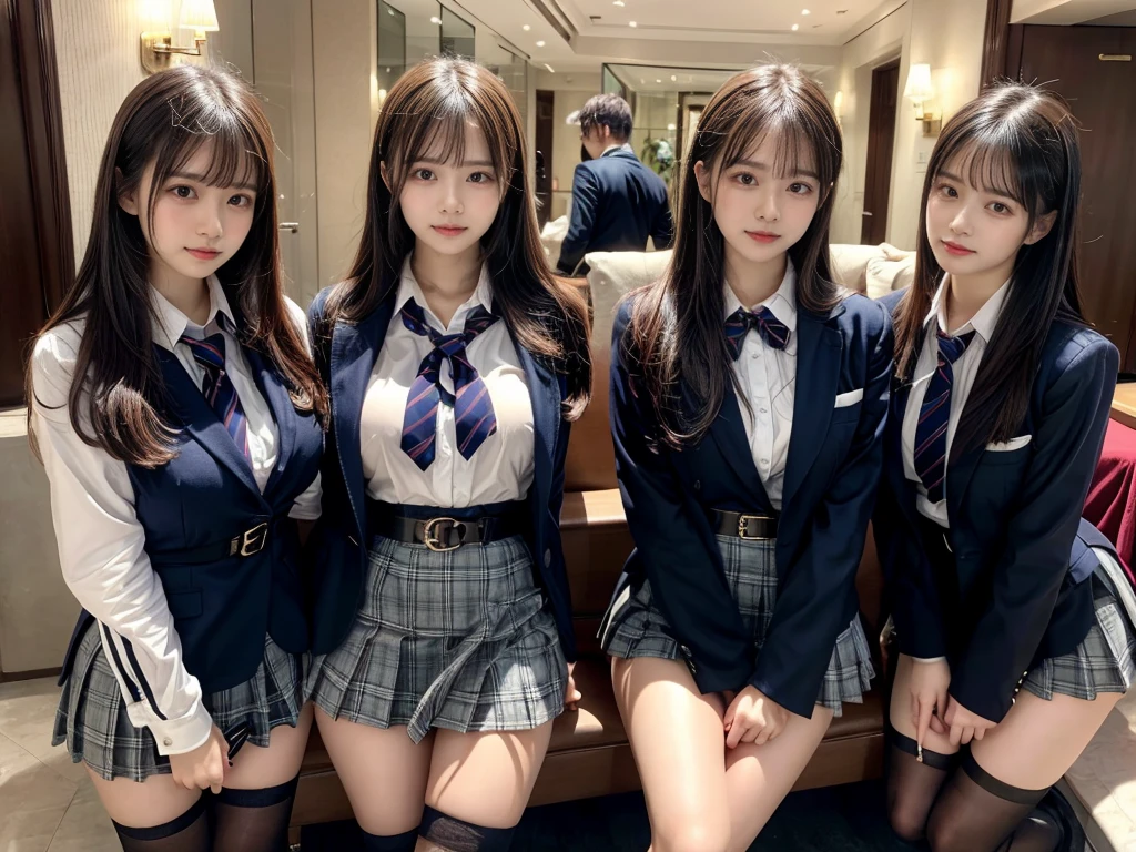 (8K, Raw photography, top-quality, ​masterpiece:1.2), master piece, best quality, illustration, Super detailed, fine details, High resolution, 8K,wall paper, perfect dynamic composition,(Details High quality, realistic depiction of eyes:1.3), ((2 girls, 2 schoolgirls)), The background is a luxury hotel room、High school girl uniform、blazer 、Super Short Check Uniform Skirt、Navy blue high socks、garterbelts、Colossal tits、Disturbed uniform, Play with each other,Touching each other's bodies,Touching the body of the girl next door, short bob hair, black hair color, huge breasts, Big Natural Color Lip, bold sexy pose, (perfect body shape), crying a little、cold gaze,  Beautiful makeup,glitter makeup,Cutest 18 years old, beautiful legs, hposing Gravure Idol, Voluptuous thighs