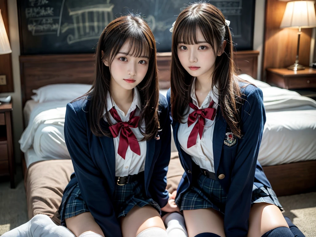 (8K, Raw photography, top-quality, masterpiece:1.2), master piece, best quality, illustration, Super detailed, fine details, High resolution, 8K,wall paper, perfect dynamic composition,(Details High quality, realistic depiction of eyes:1.3), ((2 girls, 2 schoolgirls)), The background is a luxury hotel room、High school girl uniform、blazer 、Super Short Check Uniform Skirt、Navy blue high socks、garterbelts、Colossal tits、Disturbed uniform, Play with each other,Touching each other's bodies,Touching the body of the girl next door, short bob hair, black hair color, huge breasts, Big Natural Color Lip, bold sexy pose, (perfect body shape), crying a little、cold gaze, Beautiful makeup,glitter makeup,Cutest 18 years old, beautiful legs, hposing Gravure Idol, Voluptuous thighs