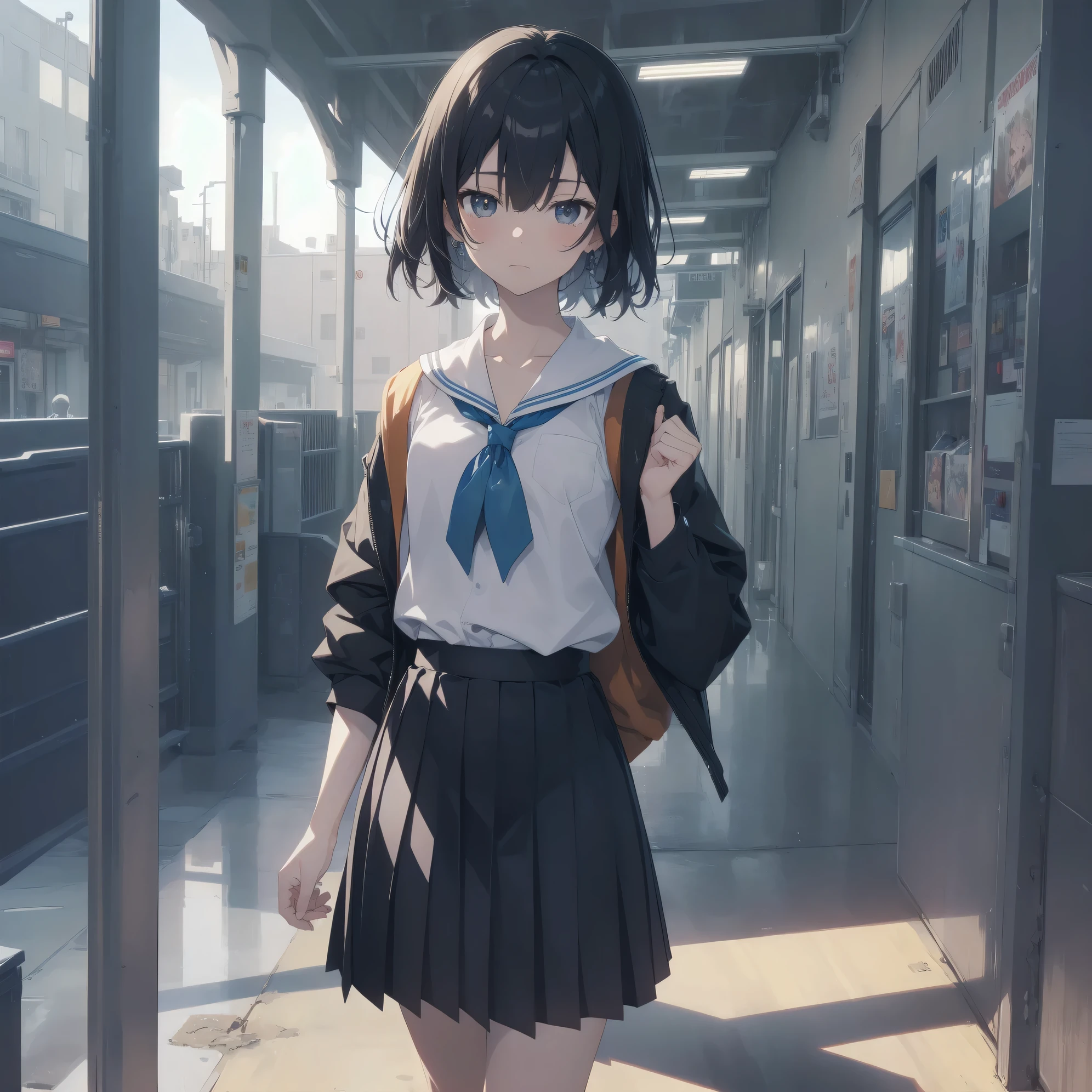 ultra-absurdres-Top quality by artist God, ultra-detailed, high resolution, anime moe artstyle, best anime 8k konachan wallpaper, pixiv contest winner, pool:2810, perfect anatomy,break, 1girl, (Please draw a girl walking sleepily to school alone. )break,(Solo,little female, 13-year-old:1.3),Full limbs, complete fingers,a junior high school student, (very short hair), short cut, flat chest, , small butt, small black eyes, beautiful detailed eyes, well-proportioned iris and pupils, expressive eyes, highres detailed hair, soft expression, salor school_uniform, sailor collar, serahuku, bow, pleated skirt,(Detailed Lighting), (Detailed background), in the School commute route. break,super detailed skin, Best cinematic lighting powered by famous artist, 8k,beauty illustration,photoshop_(medium),very aesthetic,break,((artist:ishiyumi )), artist:clamp ,artist:carnelian ,artist:kantoku ,