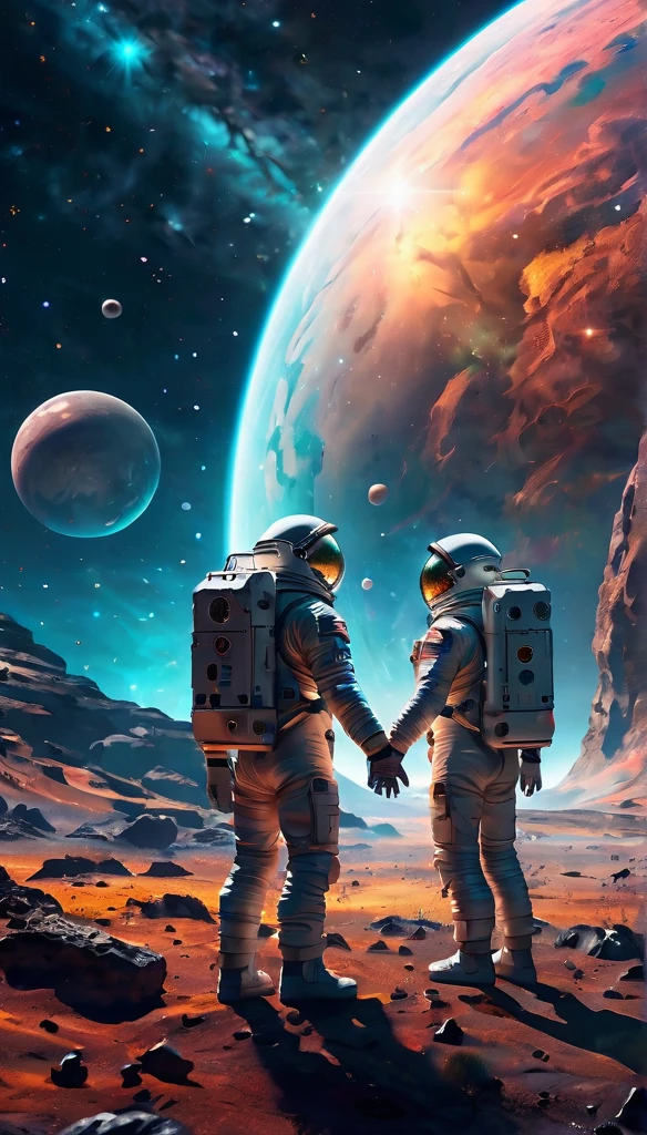 Realistic close-up photo on couple, a pair of astronauts,a woman and a man,standing on an alien planet,looking into each other's eyes, they hold handscolorful alien sky with stars and galaxies reflected from transparent viewfinders,detailed faces and expressions,highly realistic,cinematic lighting,photorealistic,8k,ultra-detailed,masterpiece,dramatic sci-fi landscape,vibrant colors,dramatic lighting,detailed spacesuit textures,volumetric atmosphere,glowing nebulae
