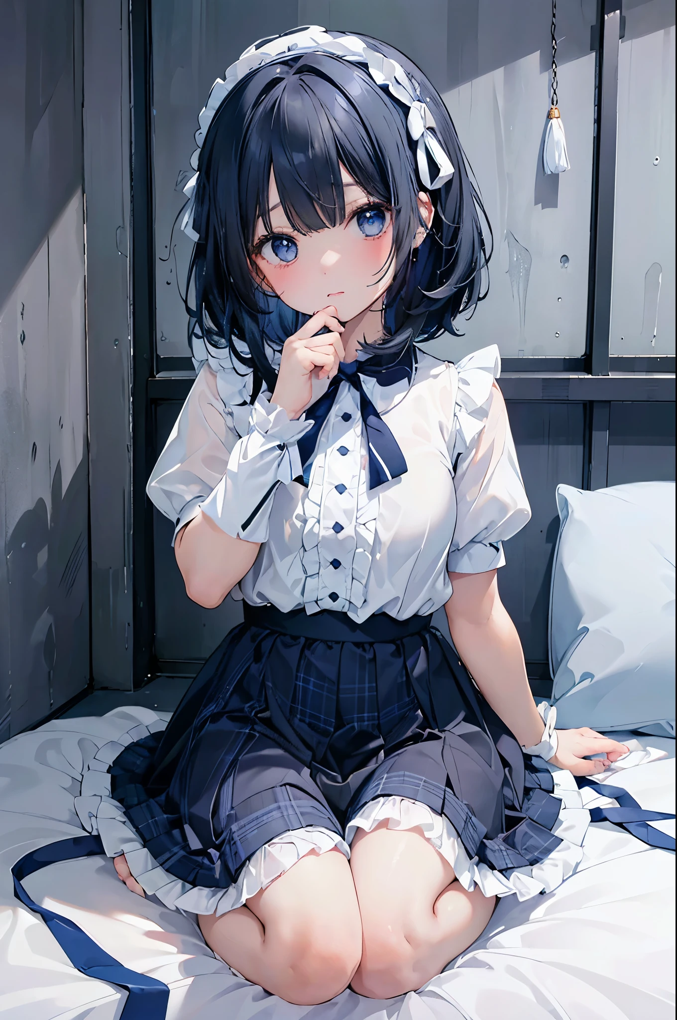 1 girl、uniform、White shirt、Dark blue ribbon、The ribbon is white striped、Dark blue checked skirt、Frills、Beautiful feet、Black Hair、Bobcut、See through、 For hair、Watery eye、Big Breasts、Small eyes、barefoot、Baby Face、masterpiece、Best image quality、8k