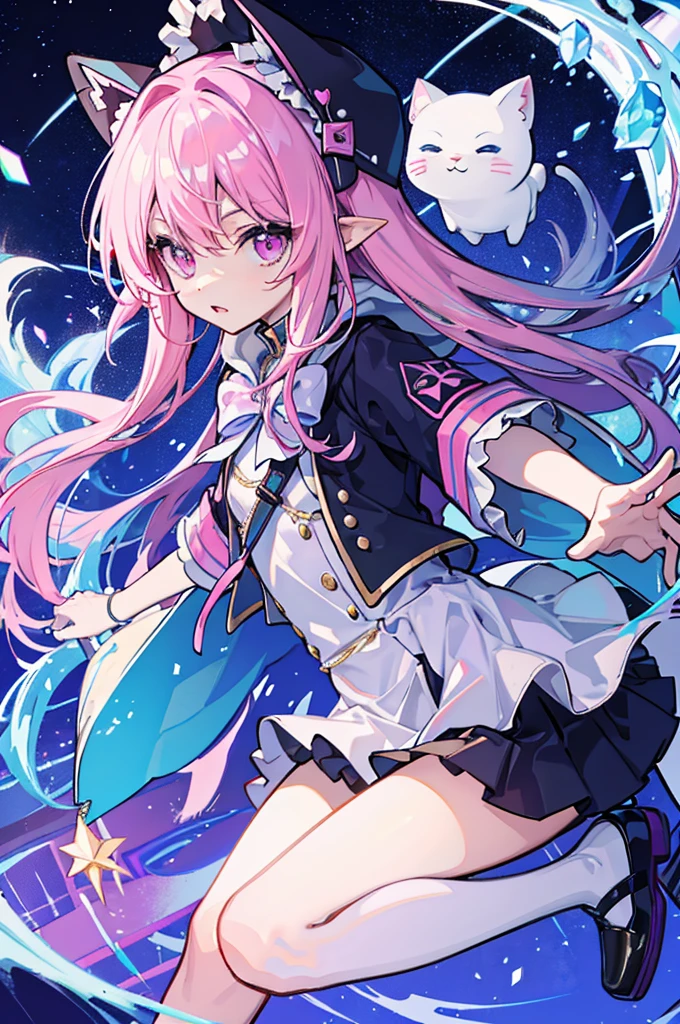 assassin's pure-white costume with cat-shaped-hood and pink-frill,hyper cute shota,Luminous prismatic auroral rune knife in hand,black-long-hair,small young cute shota,hyper frilly assassin clothes,