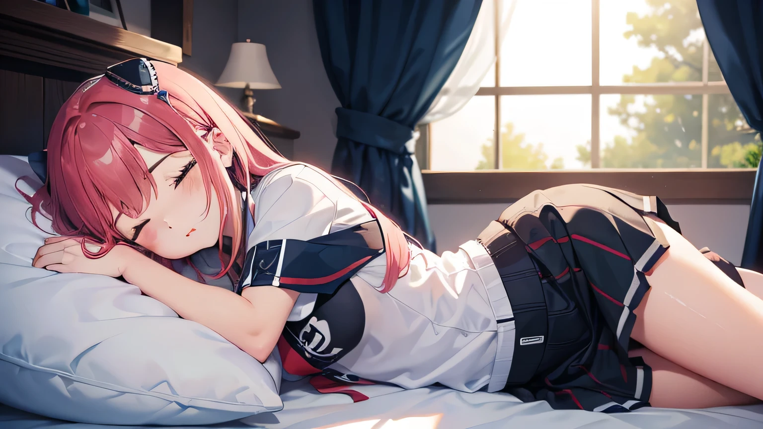 Anime girl laying on a bed with her head on a pillow - SeaArt AI