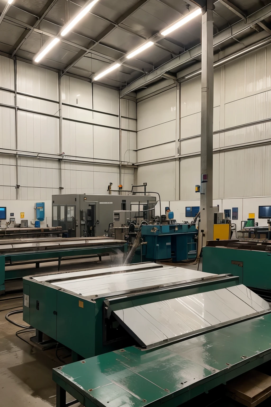 Draw a detailed scene of a machine performing the vacuum forming process in a factory environment. The machine must be modern, with smooth metal surfaces and visible electronic components. Show plastic sheet being heated and shaped over a mold using a vacuum. O ambiente deve ser limpo, com piso branco ou cinza claro e paredes claras. Lighting must be intense and uniform, sem sombras duras, highlighting the precision and cleanliness of the workplace. Add details like digital control screens on the machine, tools organized on nearby benches and appropriate safety signs. Do not include people in the scene.