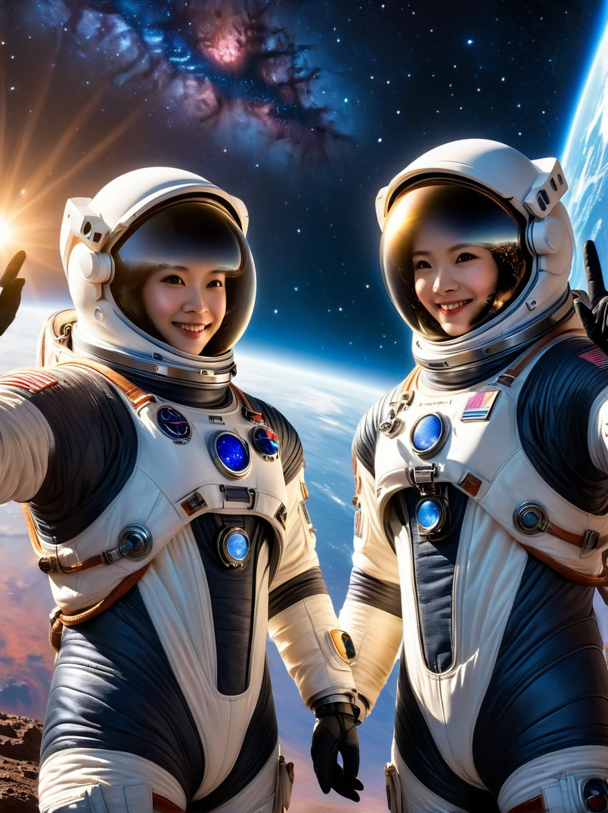 (一张放在台上的双人photo:1.5), Close shot, close up, (photo:1.5), Two astronauts in space, Photograph, Stand side by side, (Raise the V sign), (A ray of sunlight rose behind them), Space suit details, Helmet reflective, earth in background, Cosmic stars, Galaxy Background, High-tech spacesuit, Milky Way Landscape, space photography, Studio Lighting, Physically based rendering, Sharp focus, Extremely detailed, major, Bright colors, Bright light source, (Best quality, 8K, high resolution, masterpiece:1.2), Super detailed, (1.4 times more realism)