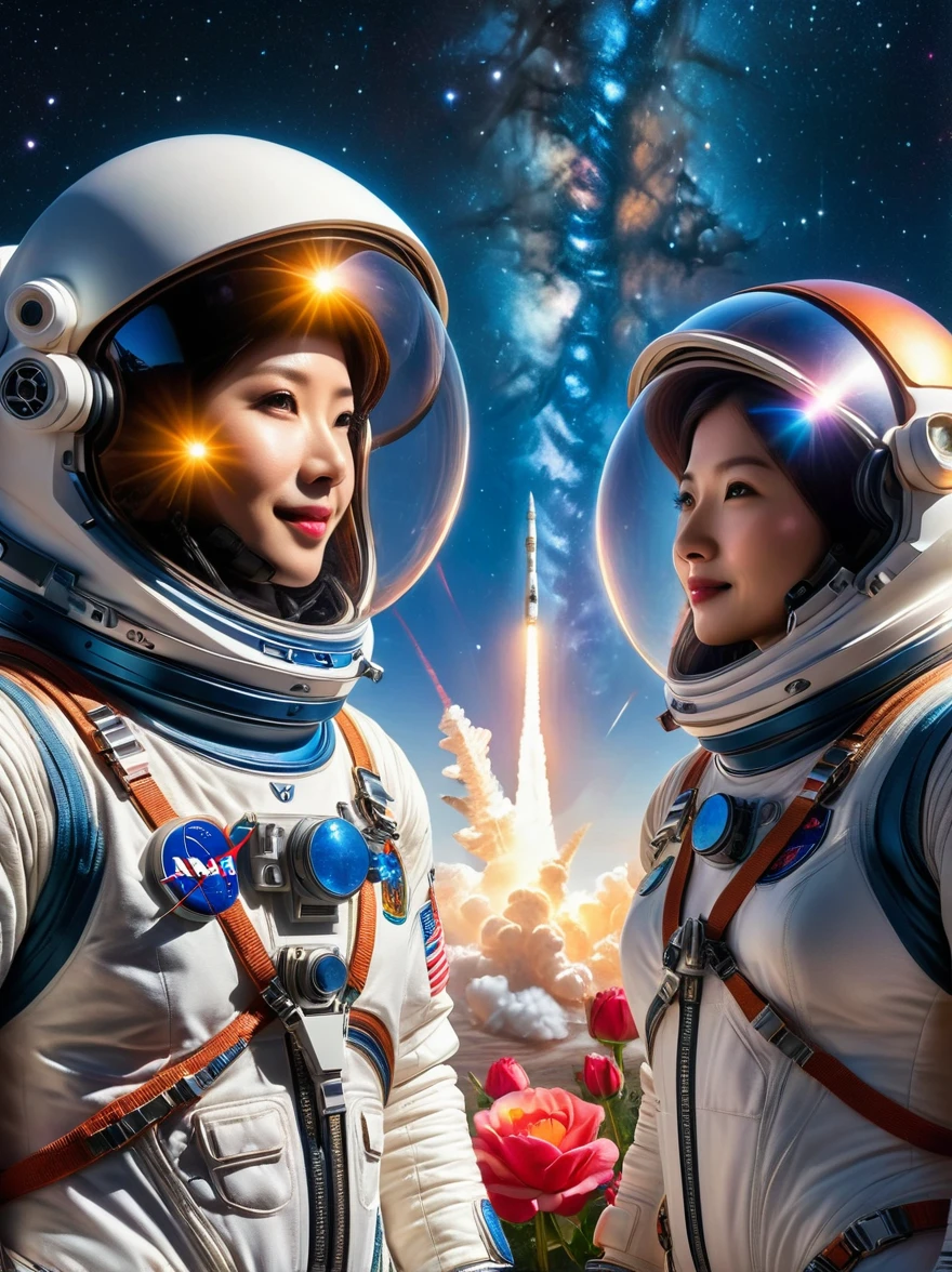 (一张放在台上的双人photo:1.5), Close shot, close up, (photo:1.5), Two astronauts in space, Photograph, Stand side by side, (Raise the V sign), (A ray of sunlight rose behind them), Space suit details, Helmet reflective, earth in background, Cosmic stars, Galaxy Background, High-tech spacesuit, Milky Way Landscape, space photography, Studio Lighting, Physically based rendering, Sharp focus, Extremely detailed, major, Bright colors, Bright light source, (Best quality, 8K, high resolution, masterpiece:1.2), Super detailed, (1.4 times more realism)