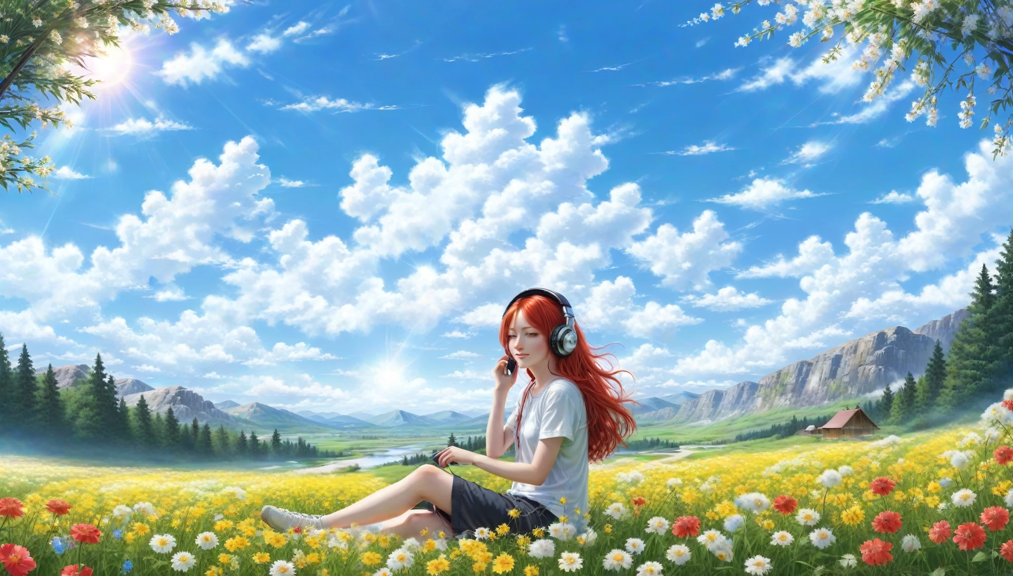Masterpiece in Hyper-Realism, Best Quality (1.5), (Girl with long, red hair wearing headphones: 1.1), (Camp with blooming flowers: 1.2), The Lovely Girl with Red Hair and Headphones, The Girl with Red Hair and Headphones Enjoying the Beautiful Scenery, A girl with radiant red hair wearing headphones, beaming with joy. The backdrop presents a stunning blue sky adorned with fluffy white clouds. Imaginary Motorcycle, Hyperealistic Illustration, Best Shading. Brilliant Sunlit Meadow, Variety of Clouds, Wonderfully Beautiful Landscape.
