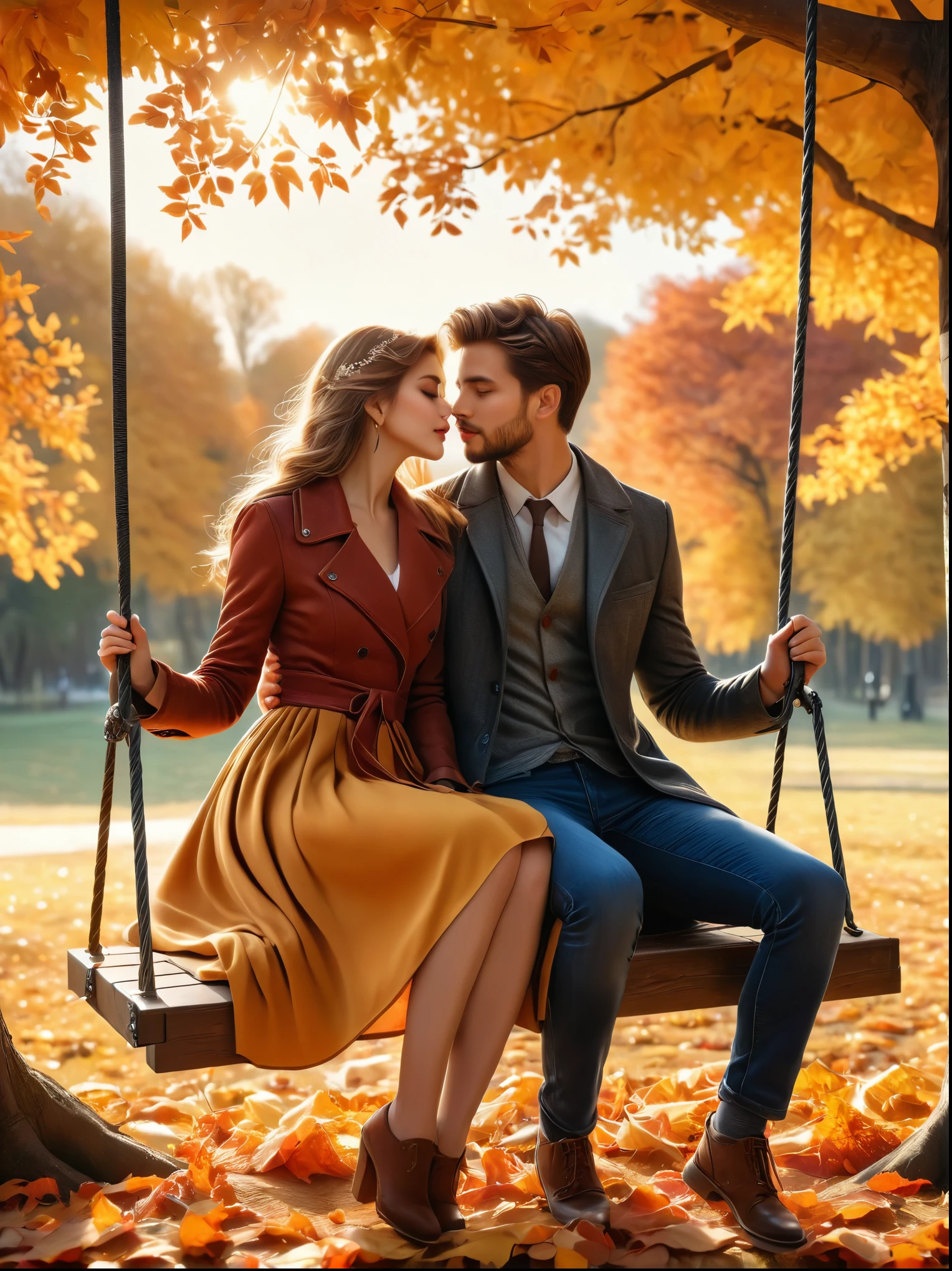 A photo of two people，A couple sitting on a swing in autumn，Passionate kisses，Stunning scenery，Golden autumn leaves，Beautiful detailed eyes，Beautiful detailed lips，extremelydetailedeyesandface，Long eyelashes，Cozy Fall Outfits，Warm colors，Sunlight through the trees，breeze，picturesque park，Romantic Mood，Tranquil Background，(Best quality，8k，high resolution，masterpiece), Ultra Detailed, (Realism，照片Realism)，HDR，UHD，Studio Lighting，Super Fine，Sharp Focus，Physically Based Rendering，Extremely detailed description，major，Vivid colors，blur background