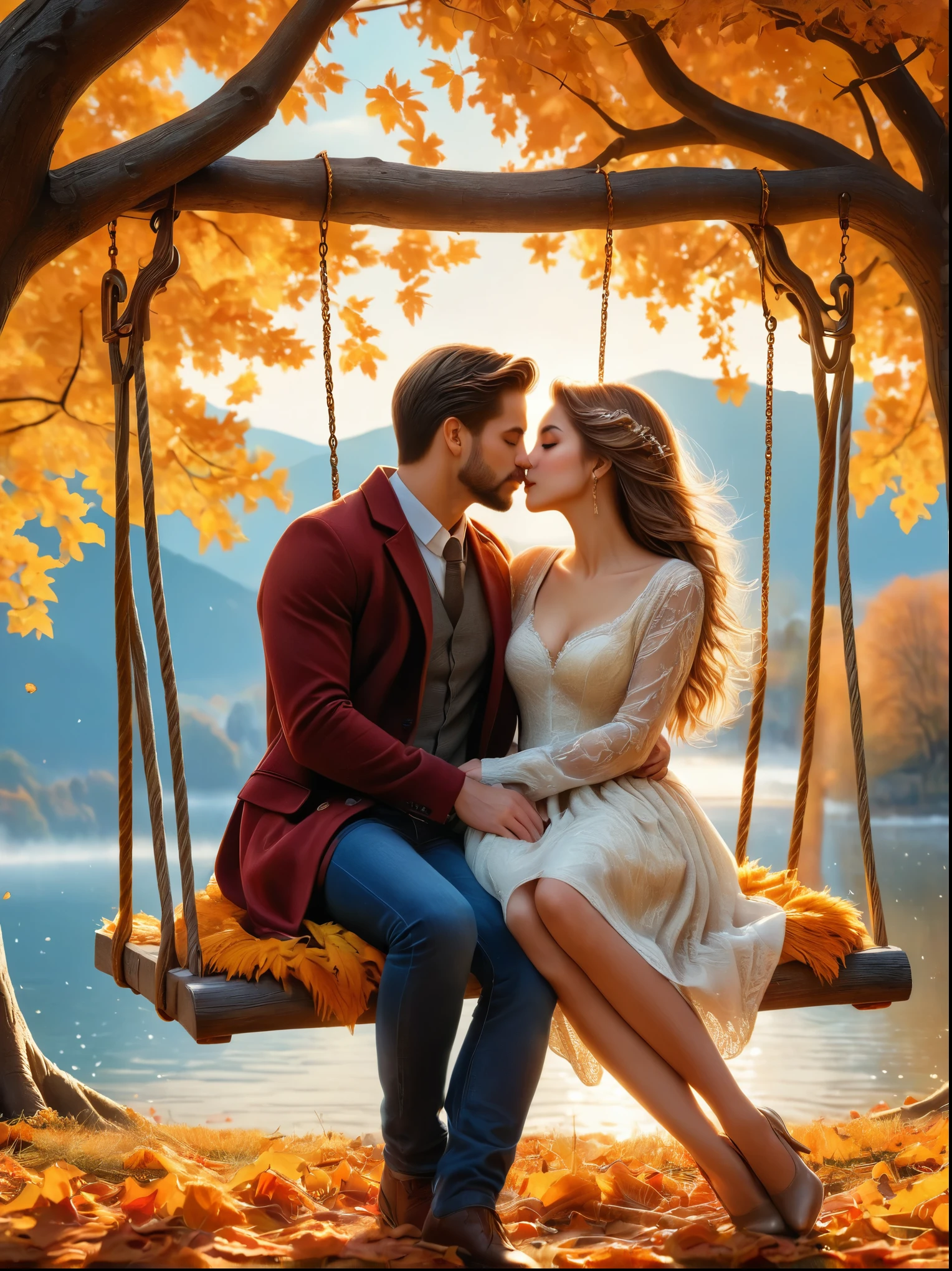 A photo of two people，A couple sitting on a swing in autumn，Passionate kisses，Stunning scenery，Golden autumn leaves，Beautiful detailed eyes，Beautiful detailed lips，extremelydetailedeyesandface，Long eyelashes，Cozy Fall Outfits，Warm colors，Sunlight through the trees，breeze，picturesque park，Romantic Mood，Tranquil Background，(Best quality，8k，high resolution，masterpiece), Ultra Detailed, (Realism，照片Realism)，HDR，UHD，Studio Lighting，Super Fine，Sharp Focus，Physically Based Rendering，Extremely detailed description，major，Vivid colors，blur background