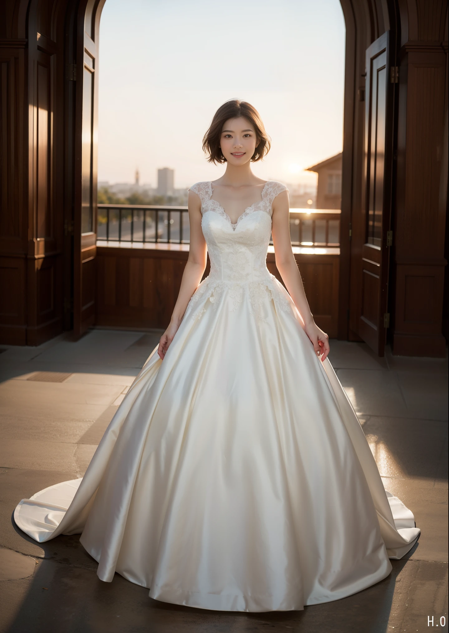 Beautiful 25 year old woman。She is wearing a wedding dress. She is smiling on illuminated by the evening church lights on the romantic sunset time. her dark brown short length hair. High resolution、masterpiece、highest quality、頭w:1.0、((Hasselblad Photos))、fine skin、(movie lighting)、clavicle . full body picture.