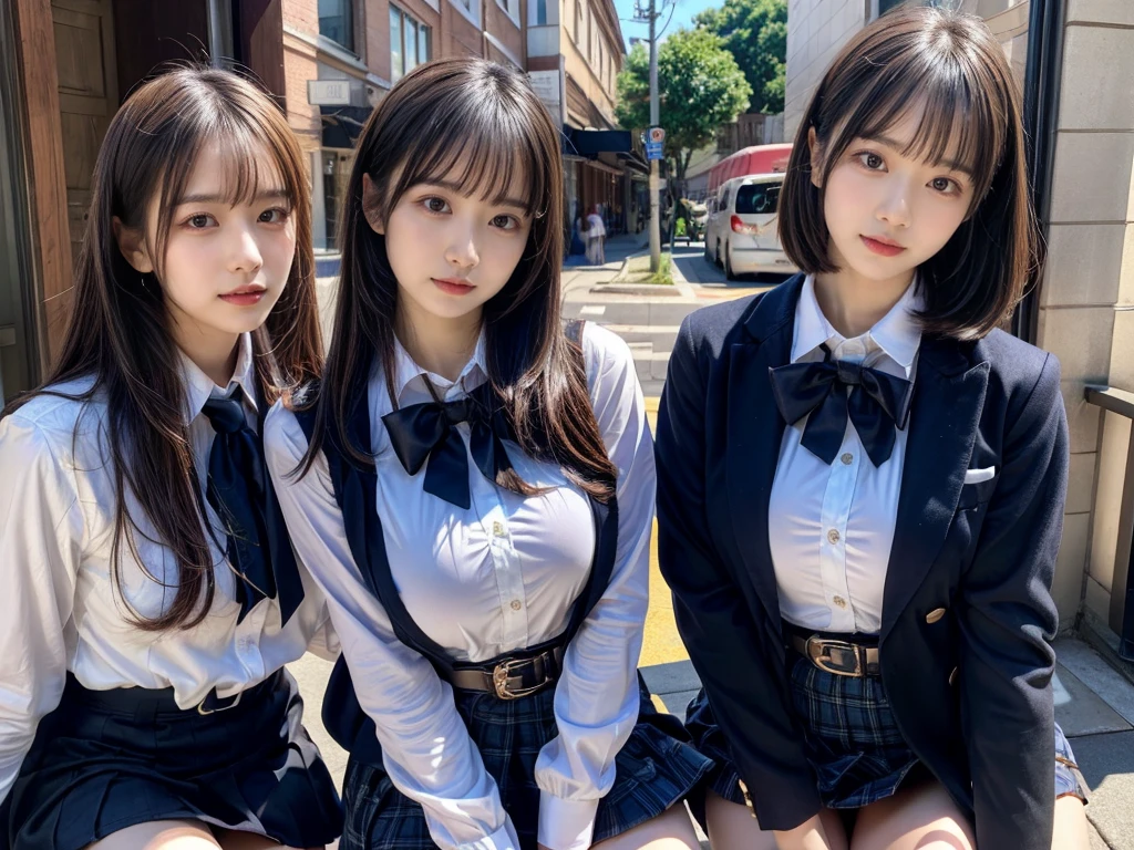 (8K, Raw photography, top-quality, ​masterpiece:1.2), master piece, best quality, illustration, Super detailed, fine details, High resolution, 8K,wall paper, perfect dynamic composition,(Details High quality, realistic depiction of eyes:1.3), ((2 girls, 2 schoolgirls)), The background is a luxury hotel room、High school girl uniform、blazer 、Super Short Check Uniform Skirt、Navy blue high socks、garterbelts、Colossal tits、Disturbed uniform, Play with each other,Touching each other's bodies,Touching the body of the girl next door, short bob hair, black hair color, huge breasts, Big Natural Color Lip, bold sexy pose, (perfect body shape), crying a little、cold gaze,  Beautiful makeup,glitter makeup,Cutest 18 years old, beautiful legs, hposing Gravure Idol, Voluptuous thighs
