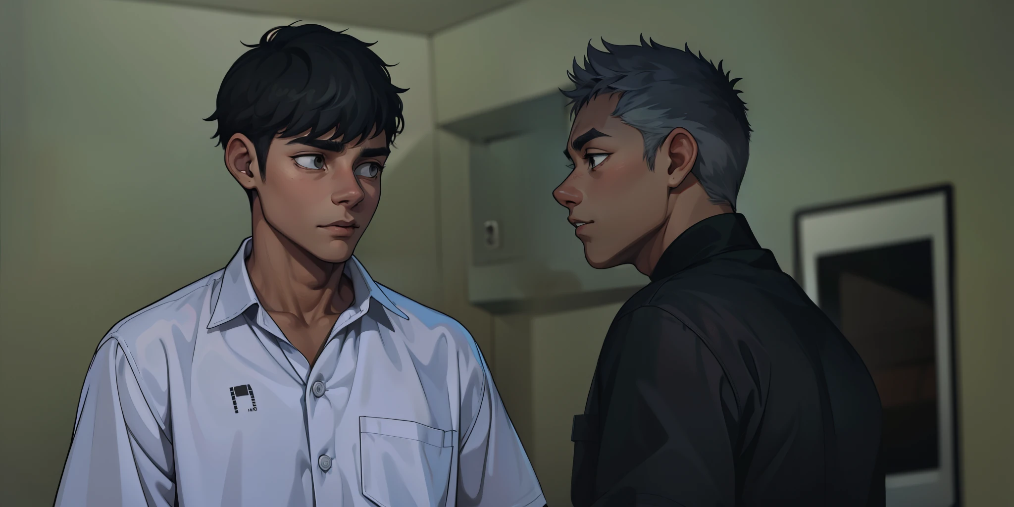 young 17 year old man is scared worried he is scared has gray hair gray eyes wears white short sleeve shirts