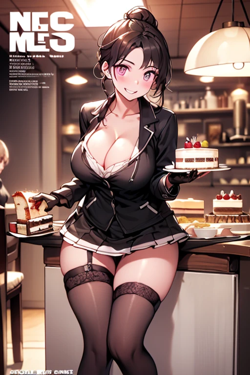 1 girl, small nose, very beautiful detailed face and eyes, bright colors, cute face, delicate beautiful face, Bright magenta eyes, cute eyes, sparkling eyes, Big eyes, (big breasts:1.3), (perky chest:1.1), (pointed chest:1.0), (cake magazine cover:1.3)，highest quality, WorKs of masters, High resolution,BlacK color hair，shiny hair, side ponytail,hair between eyes,bangs, (black jacket, real clothes, cleavage, black skirts, black thighhighs, thigh strap, fingerless gloves, single glove:1.2) , spread legs, panties shot, medium hips, glamorous body, white skin, smile, thin pubric hair, super beautiful face, Super beautiful eyes, Super beautiful hair，trendy outfit，sexy and attractive,full body esbian, Real World, Natural light,perfect Natural light,(with sparkling eyes and a contagious smile), This masterpiece is not only visually stunning but also tells,  make of cake cooking , in the kitchen, open mouth, looking at viewer,
