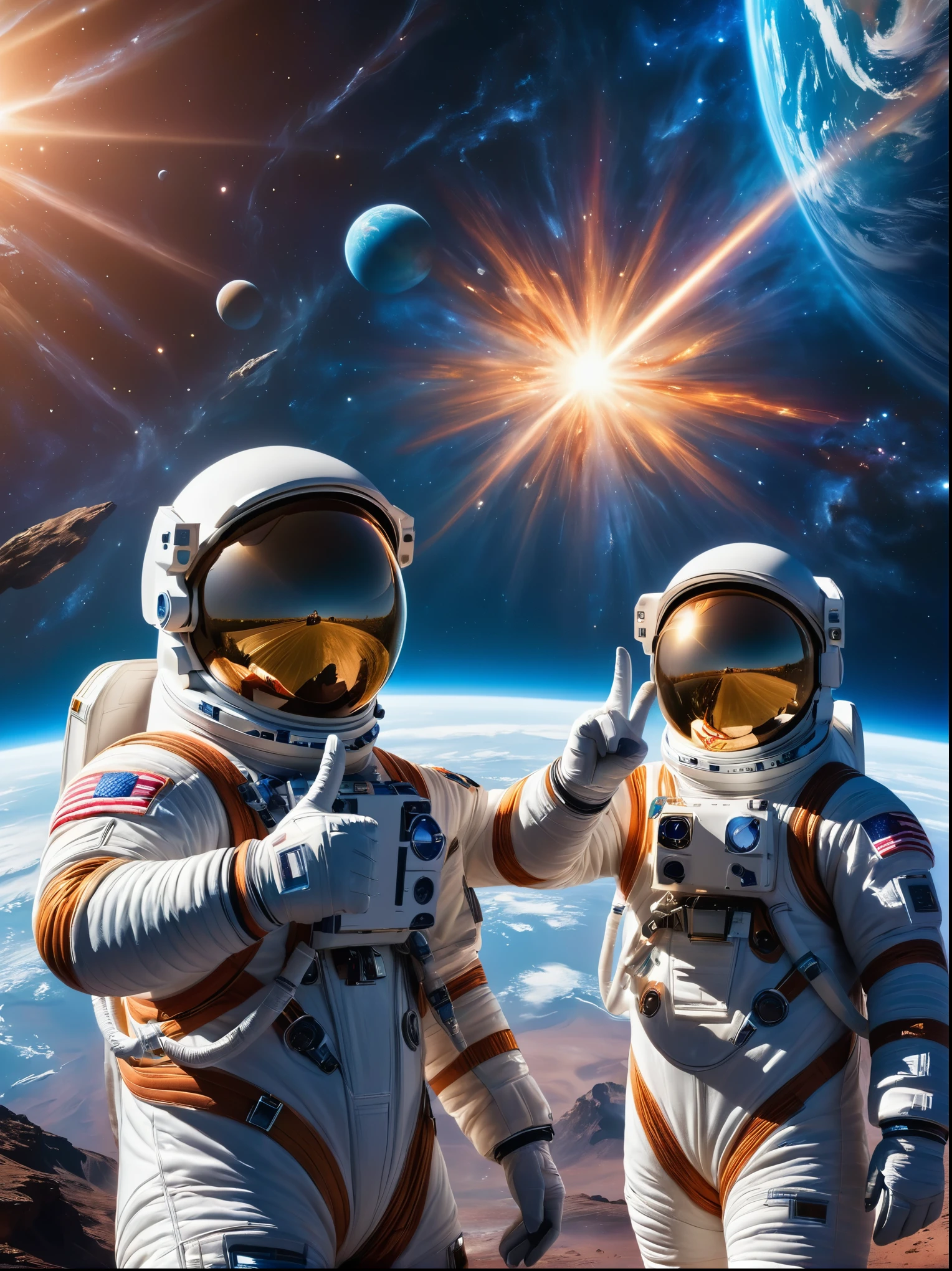 (一张放在台上的双人photo:1.5), Close shot, close up, (photo:1.5), Two astronauts in space, Photograph, Stand side by side, (Raise the V sign), (A ray of sunlight rose behind them), Space suit details, Helmet reflective, earth in background, Cosmic stars, Galaxy Background, High-tech spacesuit, Milky Way Landscape, space photography, Studio Lighting, Physically based rendering, Sharp focus, Extremely detailed, major, Bright colors, Bright light source, (Best quality, 8K, high resolution, masterpiece:1.2), Super detailed, (1.4 times more realism)