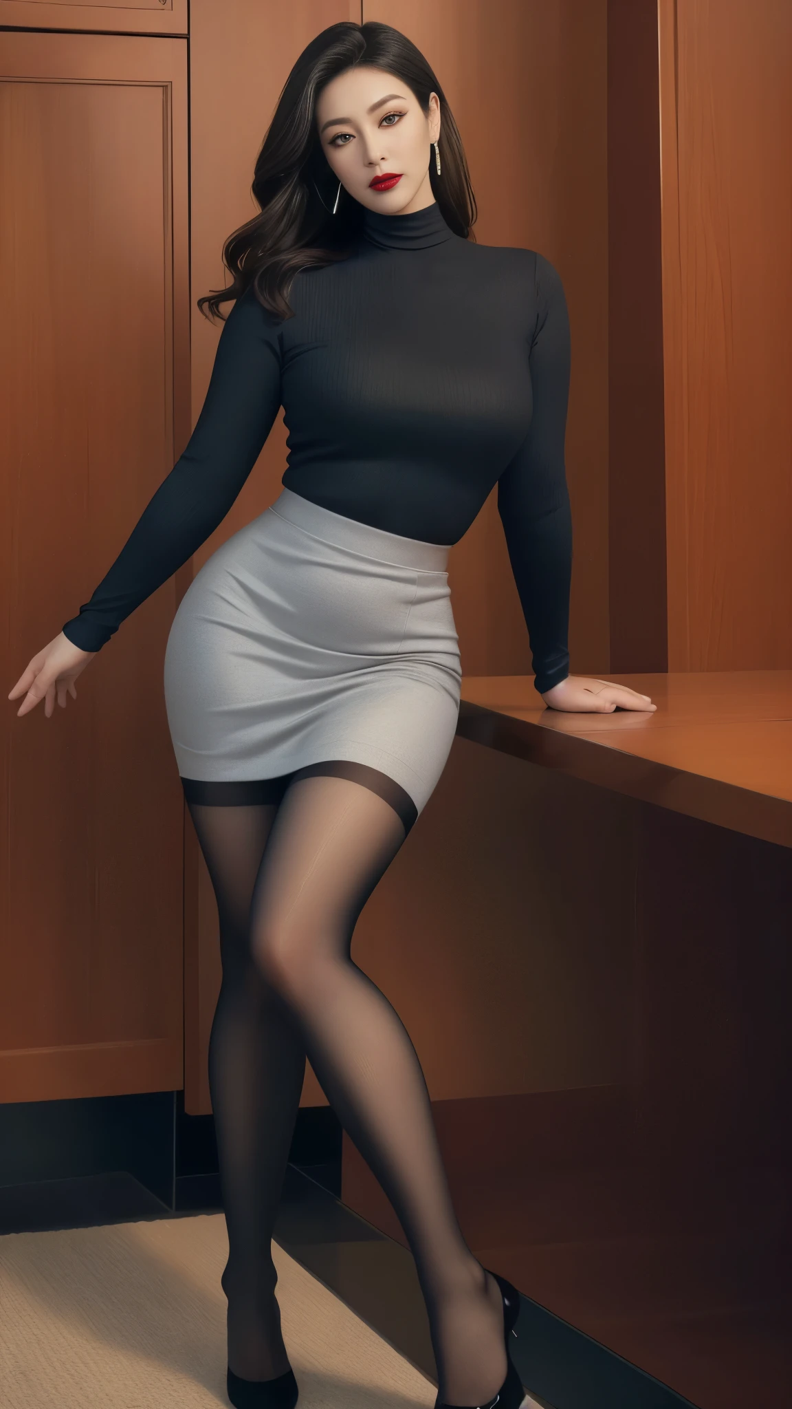 outdoor，Scenes，Gray clothes, (No cleavage),thigh, cosmetic, (lipstick: 1.1), (Eyeliner: 1.2), mascara, Eyeshadow,Outdoor sports, earrings, necklace, Black tights, Wrinkles at the corners of the eyes, Oral wrinkles,High Neck Knit Bodycon Skirt，full-body shot，An Asian Japanese woman，65 years old，big eyes，elegant temperament elegant temperament，(masterpiece:1.2, best quality), actual, (The real situation,45 years old， Intricate details, Depth of Field，High neck clothes), careful, The content is very detailed, This is a perfect face, Perfect body, Large Model, Mature woman, High, Leg length,Black silk garter belt，8K,best quality, masterpiece, Ultra-high resolution,(lifelike:1.4), original photo, Stay focused, detailed, Dramatic, Exquisite beautiful woman, (tall and straight:1.1),(Fat goddess desetallic high leg high collar dress mini skirt:1.0),(High collar fitted skirt),half butterfly earrings, double ring necklace, (:1.05), (65 years old, : 1.4), cosmetic, (lipstick: 1.1), (Eyeliner: 1.2), mascara, Eyeshadow, Long curly hair, Dynamic Angle, (red lips)Beautiful graphics, thigh long，Random Color Greasy Reflective Tights, Scenes，Fishnet stockings，Red high heels