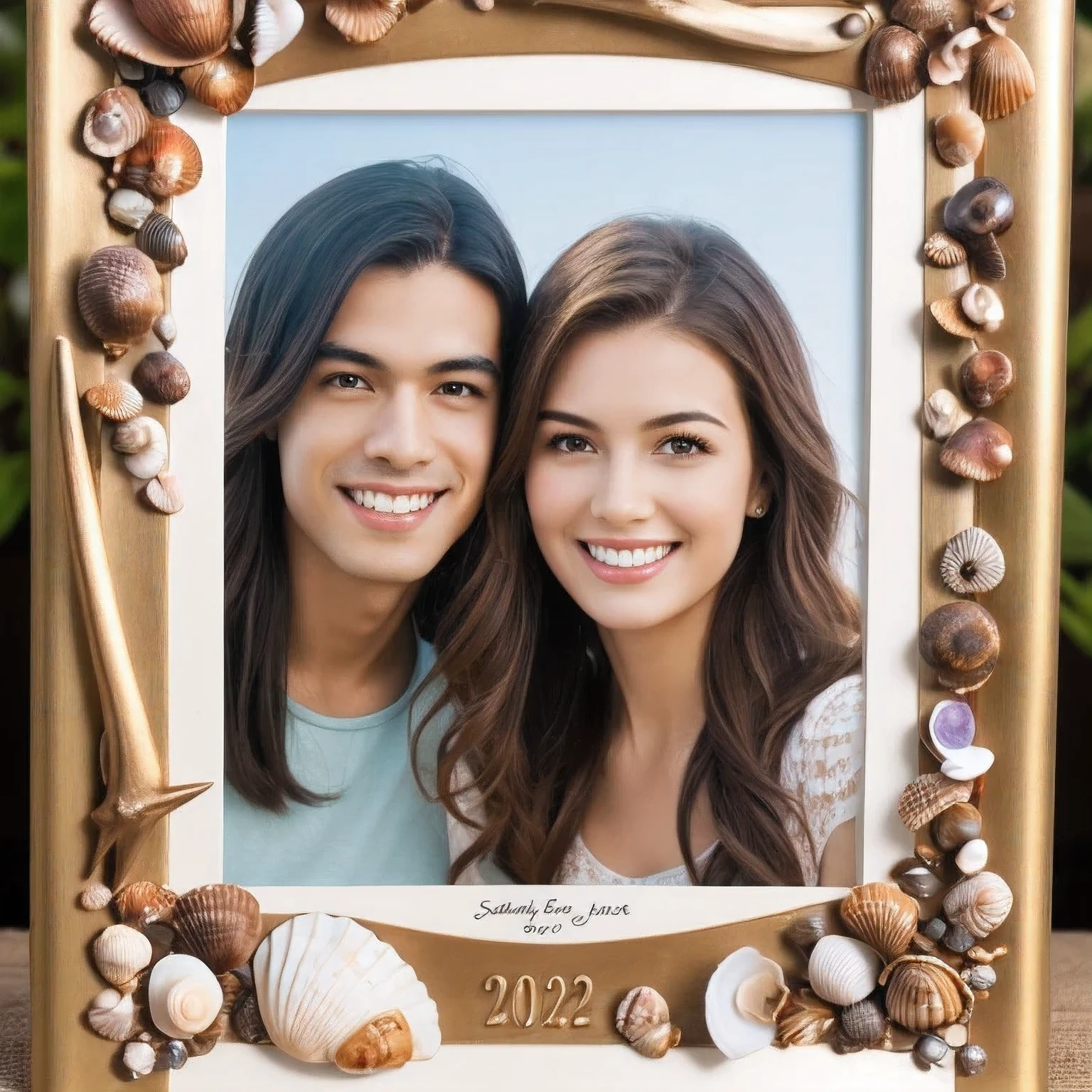 best quality, high resolution, ultra-detailed, extremely detailed, top quality, Smiling Couple, picture frame decorated with seashells,