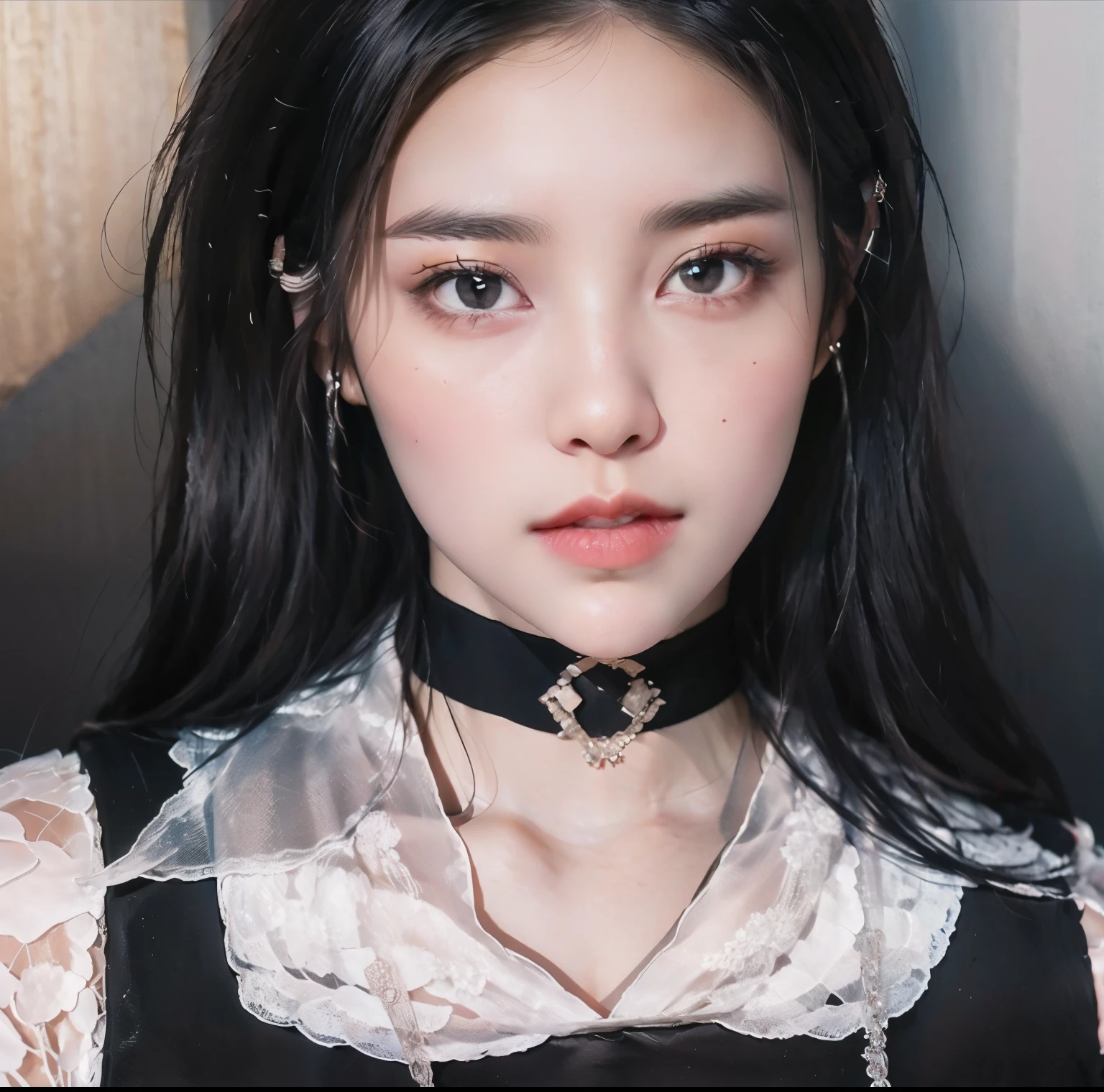 Closeup of woman with chokehold and collar, Brutal Korean Goth Girl, wearing a choker preta, Portrait of Blackpink Josh, wearing a choker, Josh is Blackpink, wearing a choker preta intrincada, Jinyoung Canella, choker, Blackpink Roseanne Park, black choker, Blackpink Jisoo, Retrato Jisoo Blackpink,  korean, attractive black eyes, 귀엽고 사랑스러운 korean 얼굴