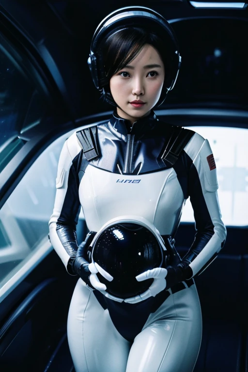 ultra-detailliert, hight resolution, top-quality, masterpiece, ((Leather cyborg suit)、(Pilot helmet)、(Leather White Gloves)Wearing a transformation belt、kosmos、planetes