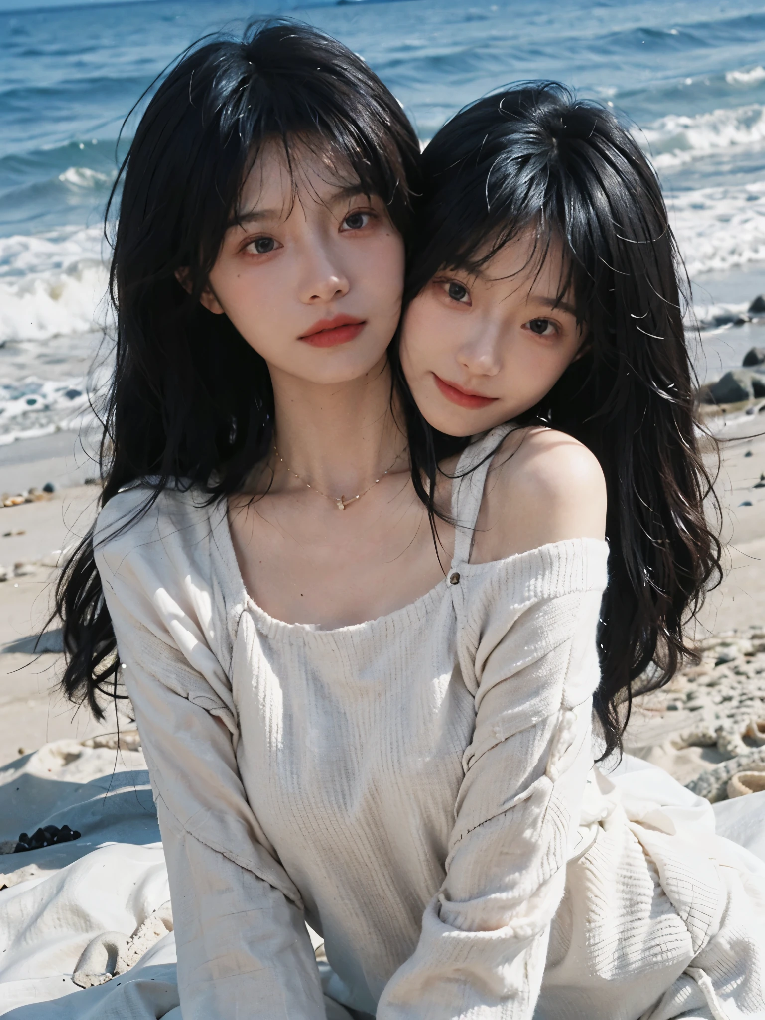 best qualtiy, Ultra-high resolution, (realisticlying:1.4),cute hairpin,1girll,with long coiled hair,Quartered sweater ,Blushlush,Beautiful woman with a slim figure:1.4, Pronounced abs,On the sandy beach,Ultra-fine face,Elaborate Eyes,double eyelid,choker necklace