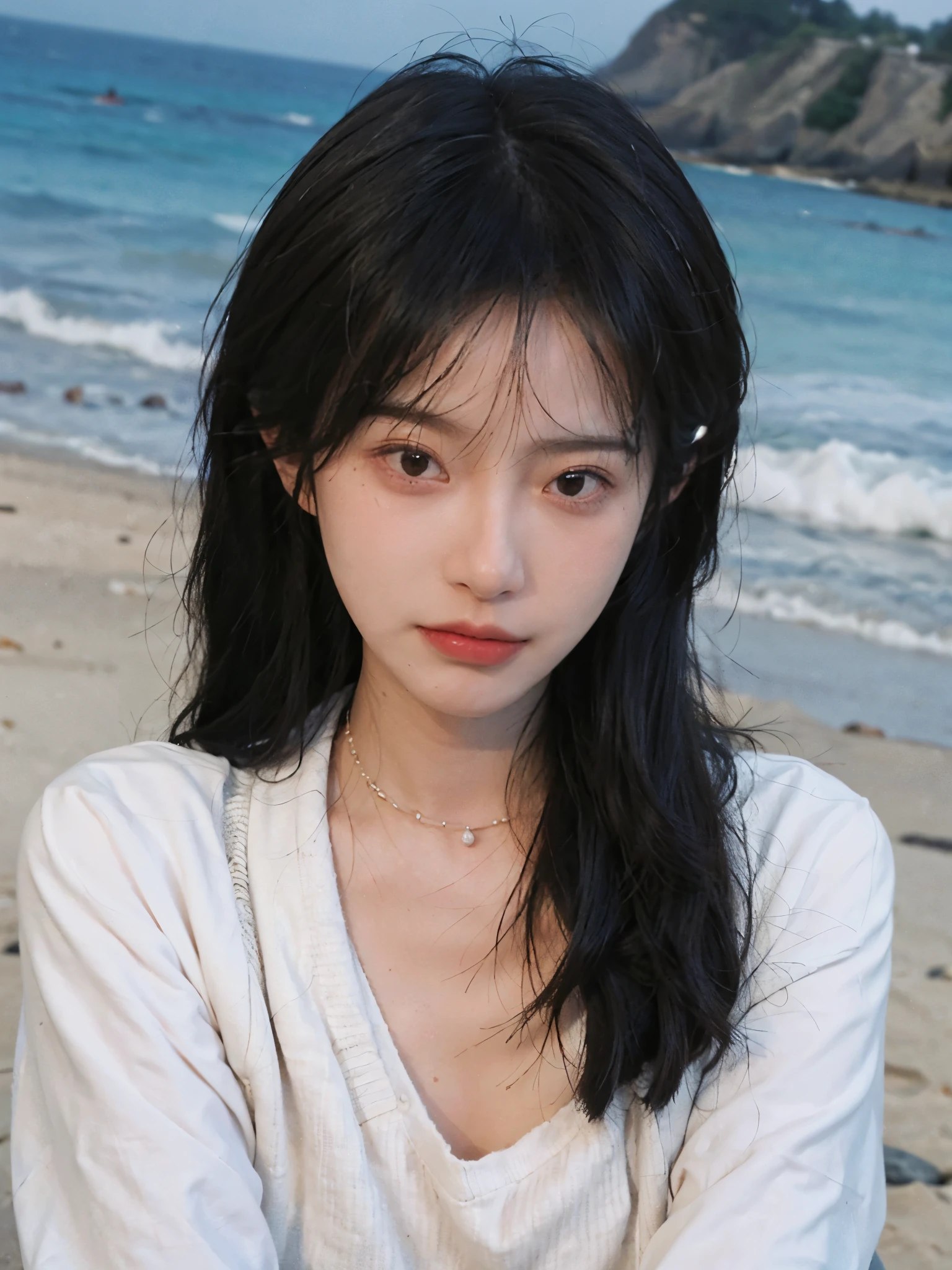 best qualtiy， Ultra-high resolution， （realisticlying：1.4），cute hairpin，1girll，with long coiled hair,Quartered sweater ，Blushlush，Beautiful woman with a slim figure:1.4, Pronounced abs，On the sandy beach,Ultra-fine face，Elaborate Eyes，double eyelid，choker necklace