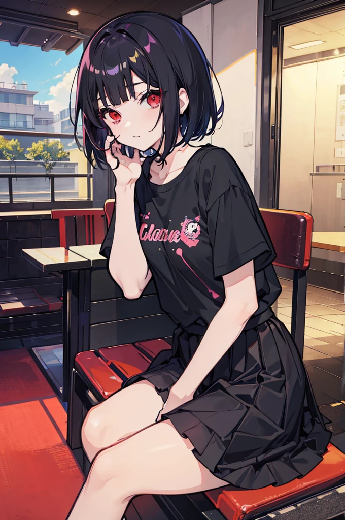 beautiful girls anime style,1boy,dark skirt,senpai,hyper cool face,black bob hair,front frill shirt,red eyes,
sit in Cafe,