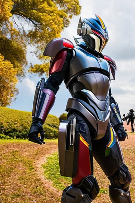 Image of a Kamen Rider-like cyborg, a Japanese special effects hero, wearing a full-face cyber helmet and highly mobile armor, posing in the center of the screen.