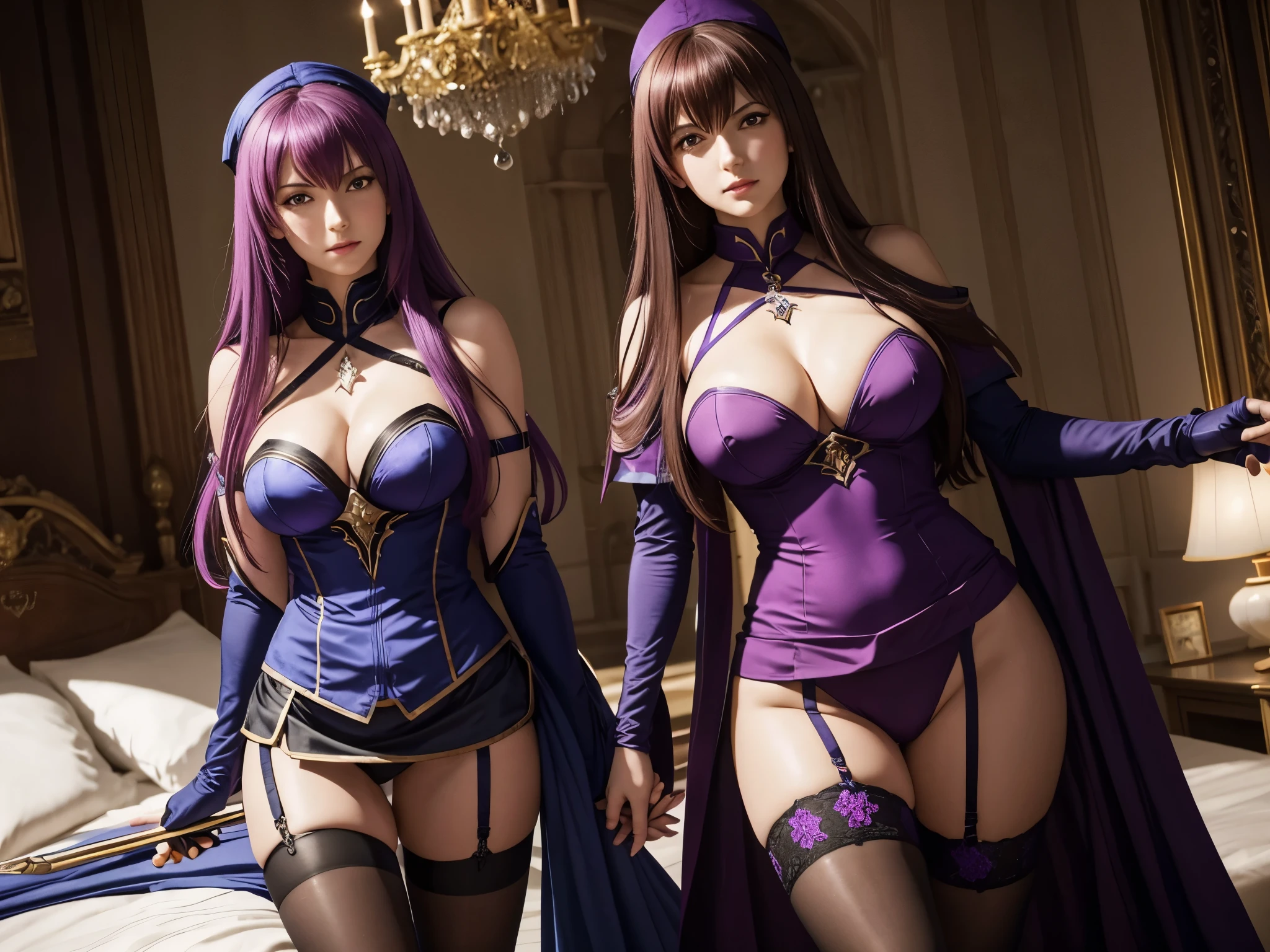 Photorealistic, 2 girls: [Scathach and Arturia Pendragon from FGO, Fate Grand Order, both girls wearing maid cosplay (Scathach wears purple, Saber wears blue or red), stockings and tights, garter belt, short skirt, high heels, long gloves, long hair, vivid lipstick], photo from head to toes, full body shot, seductive pose, inside the palace bedroom