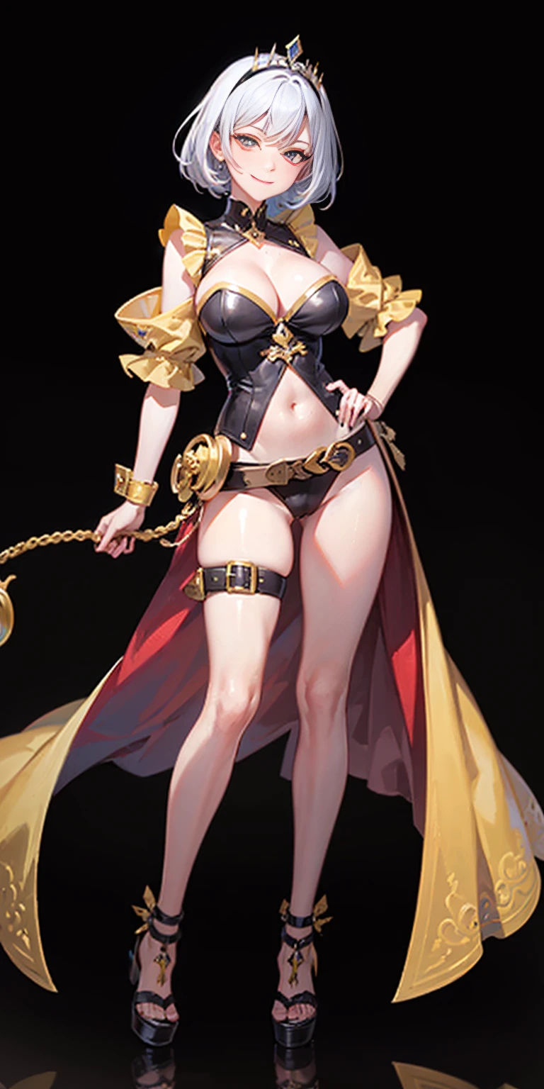 ((BLACK BACKGROUND,1:2, masterpiece)), full body MILF BIMBO standing with two long thighs and two high heels, red eyes, silver white hair, short bob style hair, big breasts, cleavage, separate sleeves, tiara royal, long cape up to two feet, yellow bikini, hands on waist, navel, lustful smirking smiling, smile face (red blushed, red cheeks), metal shoulders, gold sleeveless armbands, black leather choker slave collar, shackle bracelets, sex slave red crest, full body MILF BIMBO standing with two long thighs and two metal sandals, red eyes, silver white hair, short bob style hair, big breasts, cleavage, separate sleeves, tiara royal, long cape up to two feet, yellow bikini, hands on waist, navel, lustful smirking smiling, smile face (red blushed, red cheeks), metal shoulders, gold sleeveless armbands, black leather choker slave collar, shackle bracelets, sex slave red crest, pauldrons, breastplate, corset, eye focus, full body, whole body. 1solo . slave fighter, loincloth standing, hands on hips, metal sandals, backpack, choker, big belt, view from below, feet together, bracers, tiara)