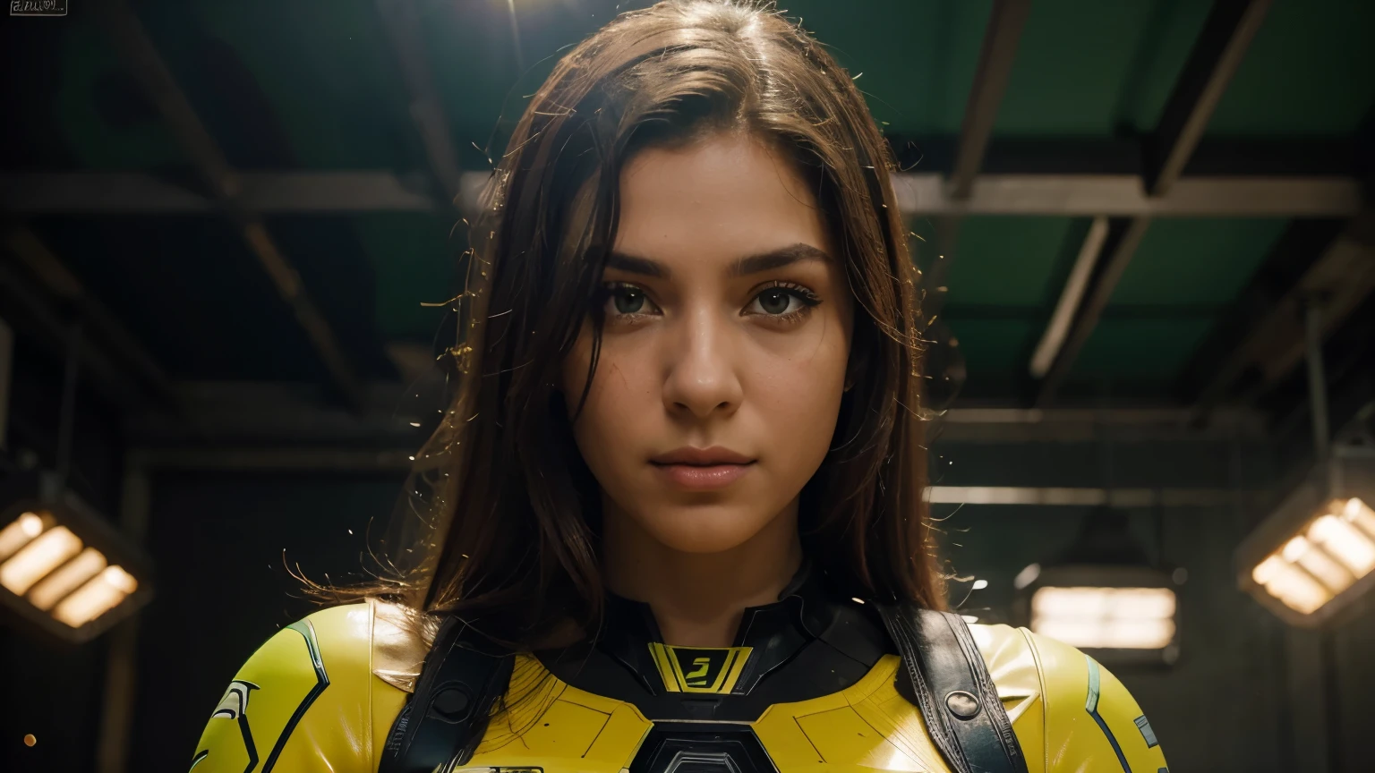 (melhor qualidade,high resolution,ultra-detalhado,realista),retratos,painel de quadrinhos,Uma garota com cabelo laranja, green eyes and a heroic personality,1 garota,olhos e rosto detalhados,beautiful detailed lips,black and green hero costume,confident and determined expression,action pose,average:comic book style rendering,cores brilhantes e vibrantes,studio lighting
