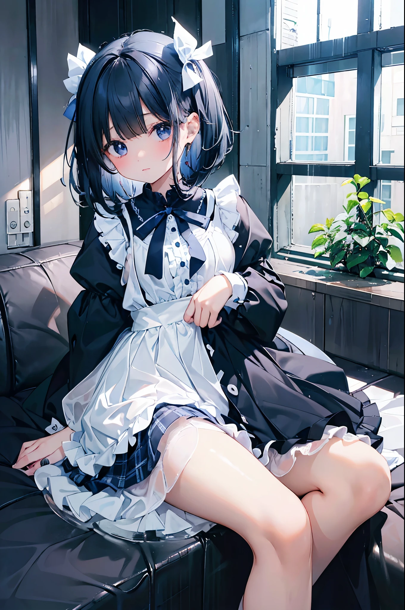 1 girl、uniform、White shirt、Dark blue ribbon、The ribbon is white striped、Dark blue checked skirt、Frills、Beautiful feet、Black Hair、Bobcut、See through、 For hair、Watery eye、Big Breasts、Small eyes、barefoot、、masterpiece、Best image quality、8k