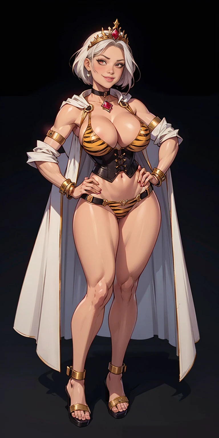 ((BLACK BACKGROUND 1:2, masterpiece)) 1solo female full body MILF BIMBO standing straight symmetrical with two long thighs, red eyes like rubies, eye focus looking to the viewer, silver white hair, short bob style hair, big knockers breastplate, breastplate, cleavage, tiara royal, long cape up to two feet, yellow bikini (yellow tiger stripes), lustful smirking smiling, smile face (red blushed, red cheeks) pauldrons metal shoulders, gold sleeveless bracelets, separate sleeves, hands on waist hands OR hips, golden bracers, metal handcuffs, leather corset, red loincloth, black leather choker slave collar, shackles bracelets, slave red crest under navel, navel, big belt around waist OR hips, feet together, metal ankle, two long thighs and two metal sandals