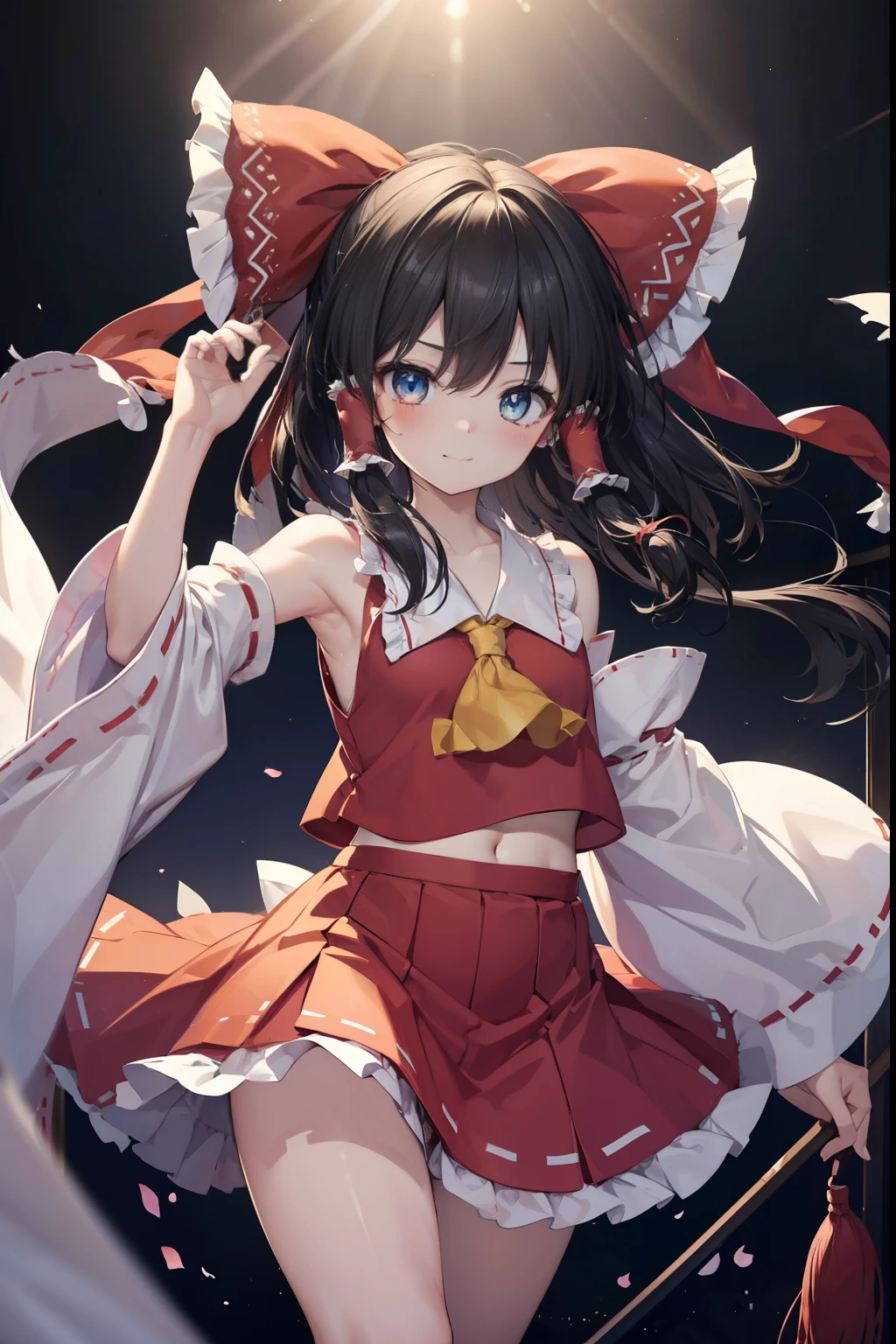 hakurei_reimu、blush,smile、Black Hair、Miko costume、Primary school students、The back is very small、Lolita、Small breasts、Please show me your armpits、exterior: 14 years old、Shoulder Bare、The clavicle is visible、Sexy thighs、Beautiful legs、Usual hairstyle、highest quality, High resolution, unity 8k wallpaper, (shape:0.8), (Beautiful and beautiful eyes:1.6), Highly detailed face, Perfect lighting, Highly detailed CG, (Perfect hands, Perfect Anatomy),