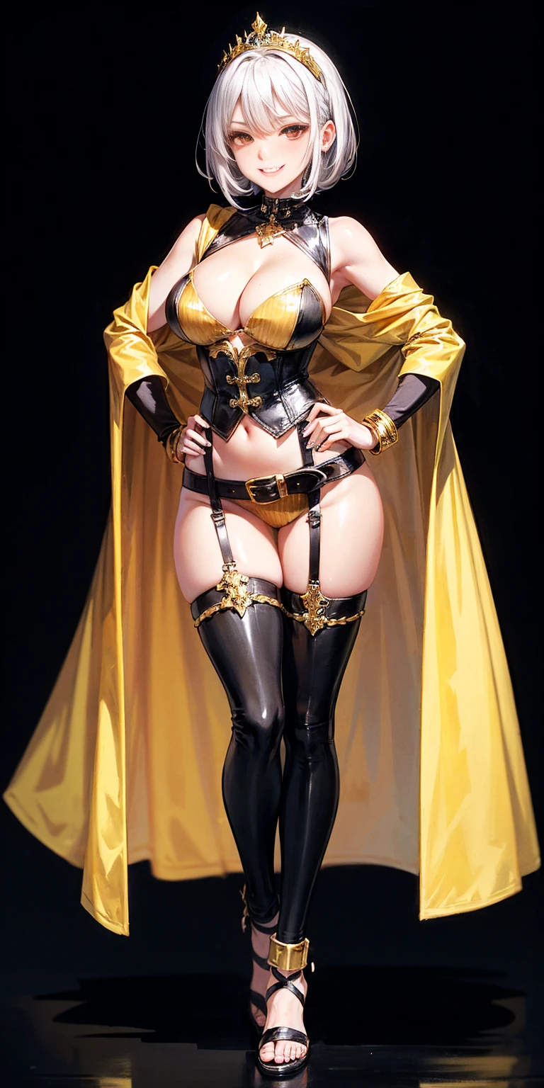 ((BLACK BACKGROUND 1:2, masterpiece)) 1solo female full body MILF BIMBO standing straight symmetrical with two long thighs, red eyes like rubies, eye focus looking to the viewer, silver white hair, short bob style hair, big knockers breastplate, breastplate, cleavage, tiara royal, long cape up to two feet, yellow bikini (yellow tiger stripes), lustful smirking smiling, smile face (red blushed, red cheeks) pauldrons metal shoulders, gold sleeveless bracelets, separate sleeves, hands on waist hands OR hips, golden bracers, metal handcuffs, leather corset, red loincloth, black leather choker slave collar, shackles bracelets, slave red crest under navel, navel, big belt around waist OR hips, feet together, metal ankle, two long thighs and two metal sandals