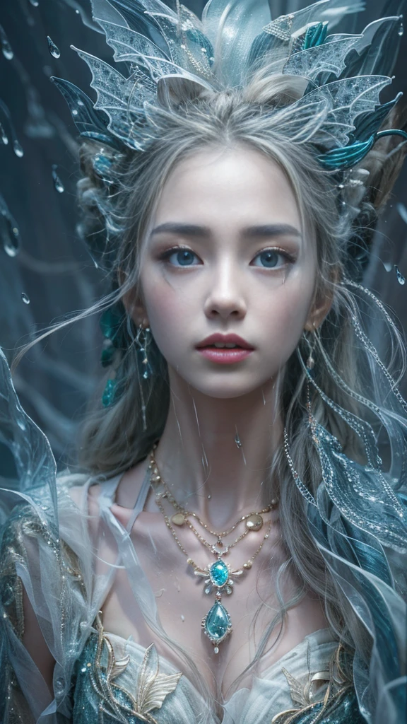 (RAW shooting, Dynamic flowing water:1.0, 32k:1.5, highest quality, masterpiece, Ultra-high resolution), (night, Ocean:0.7, Majestic Background:0.7, Mystical Expressions:1.3, Expressions of sadness:1.0), Perfect dynamic composition:1.3, 非常にdetailedな肌と顔の質感:1.3, (Slim Mermaid:1.3, Mermaid tail), Random Shot, Fair skin:1.2, Incredibly slim body:1.2, Fractal Art:1.1, Very beautiful face:1.1, Water droplets on the skin, detailed, (Rain drips down on my body:1.1, Wet body:1.1, Wet Hair:1.1), (Posing Pro:0.9, With a wet bouquet:0.9, Gorgeous and shiny mermaid dress portrait:1.1, Woven Belt), Shapely breasts, (Big eyes that exude beautiful eroticism:0.5, Lips that exude beautiful eroticism:0.5), I love you, Very sweet atmosphere, necklace, Earrings, bracelet