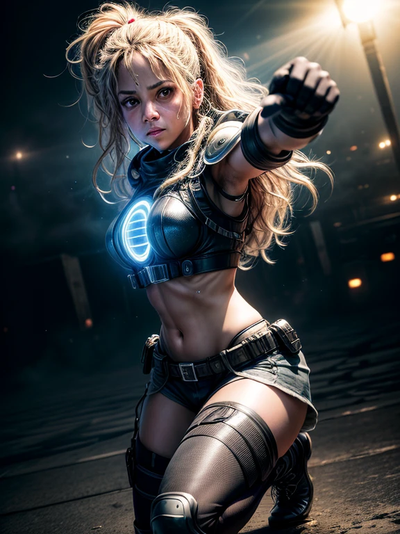 realistic epic, uma foto visual impressionante de {Shakira} | olhos brilhante | cidade ciberpunk | Luz neon | vibrante | corpo todo | visual principal | dynamic fighting pose | melhor qualidade | lighting, volumetric fog, bioluminescence, volumetric atmosphere, Military style knee pads with studio trigger, UHD, HDR, 16k.