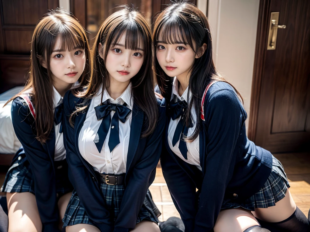 (8K, Raw photography, top-quality, ​masterpiece:1.2), master piece, best quality, illustration, Super detailed, fine details, High resolution, 8K,wall paper, perfect dynamic composition,(Details High quality, realistic depiction of eyes:1.3), ((2 girls, 2 schoolgirls)), The background is a luxury hotel room、High school girl uniform、blazer 、Super Short Check Uniform Skirt、Navy blue high socks、garterbelts、Colossal tits、Disturbed uniform, Play with each other,Touching each other's bodies,Touching the body of the girl next door, short bob hair, black hair color, huge breasts, Big Natural Color Lip, bold sexy pose, (perfect body shape), crying a little、cold gaze,  Beautiful makeup,glitter makeup,Cutest 18 years old, beautiful legs, hposing Gravure Idol, Voluptuous thighs