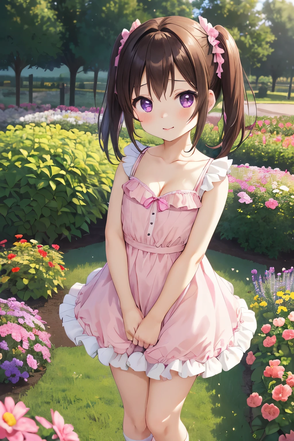 masterpiece, highest quality, Nico_Yazawa,High resolution, 1 girl, alone, Brown Hair, , Twin tails、Purple eyes, Cowboy Shot, Lifted frill dress, , Pink too short dress, ((Cleavage))、(Beautiful thighs)、city, Outdoor, garden, ((Big  and a very cute little child&#39;s face:1.25))、Chibi Cute:1.5、nsfw