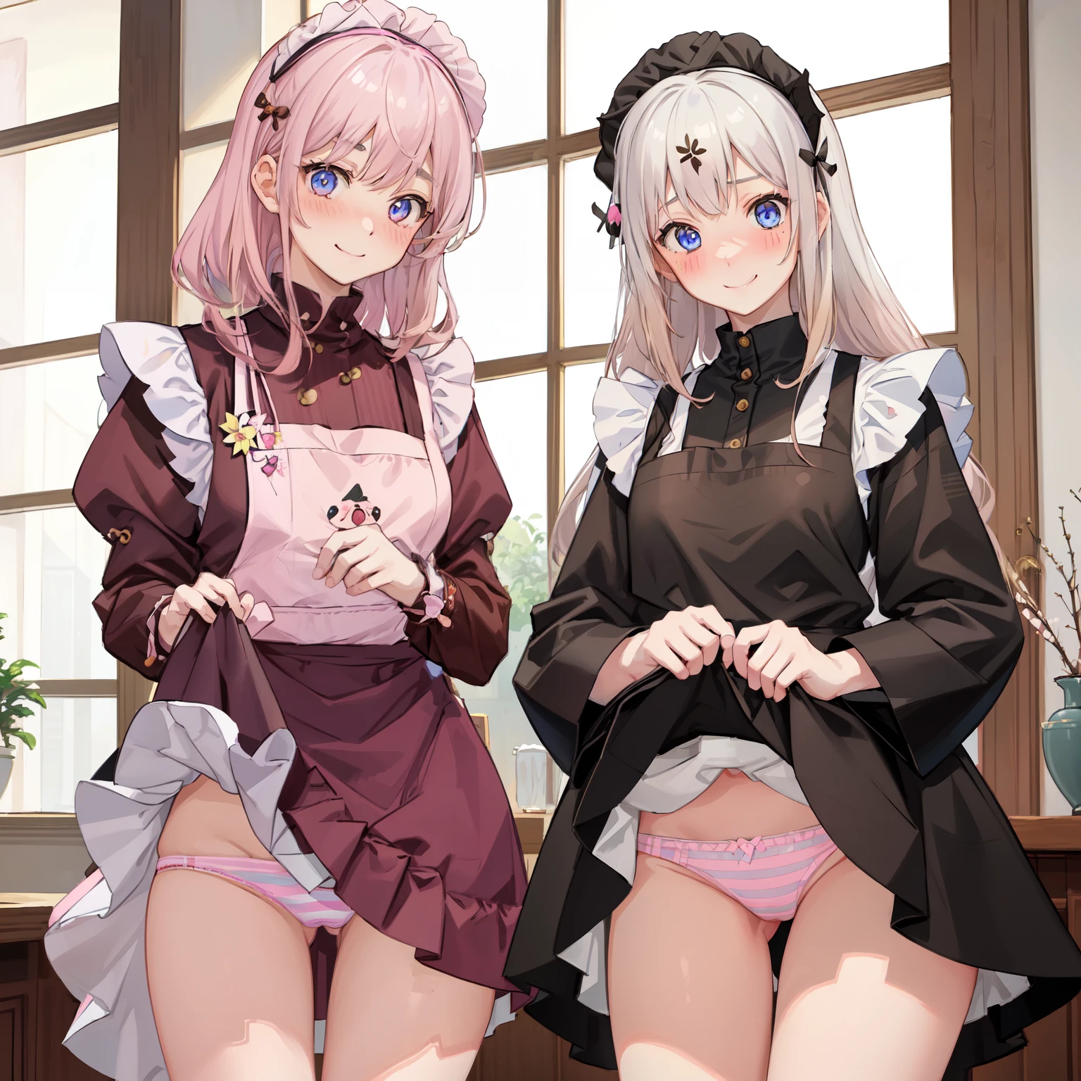 highest quality、masterpiece、((2 girls:1.5))、((smile:1.3))、(blush:1.3)、Black Shirt、blouse、((fun!!))、(Small breasts)、()、Blonde、(Long sleeve)、((White apron:1.5))、((Maid))、((hair ornaments)),、Kamimei、look at me、 ((in house:1.5))、 Taking a break from watching the audience、Cowboy Shot、(Skirt lift:1.3),(Highly detailed pink striped panties:1.3)、(Highly detailed panties:1.3)、、(スカート that rolls up:1.3)、(Panties fully exposed:1.5)、Light blue eyes、long hair、Glowing Eyes