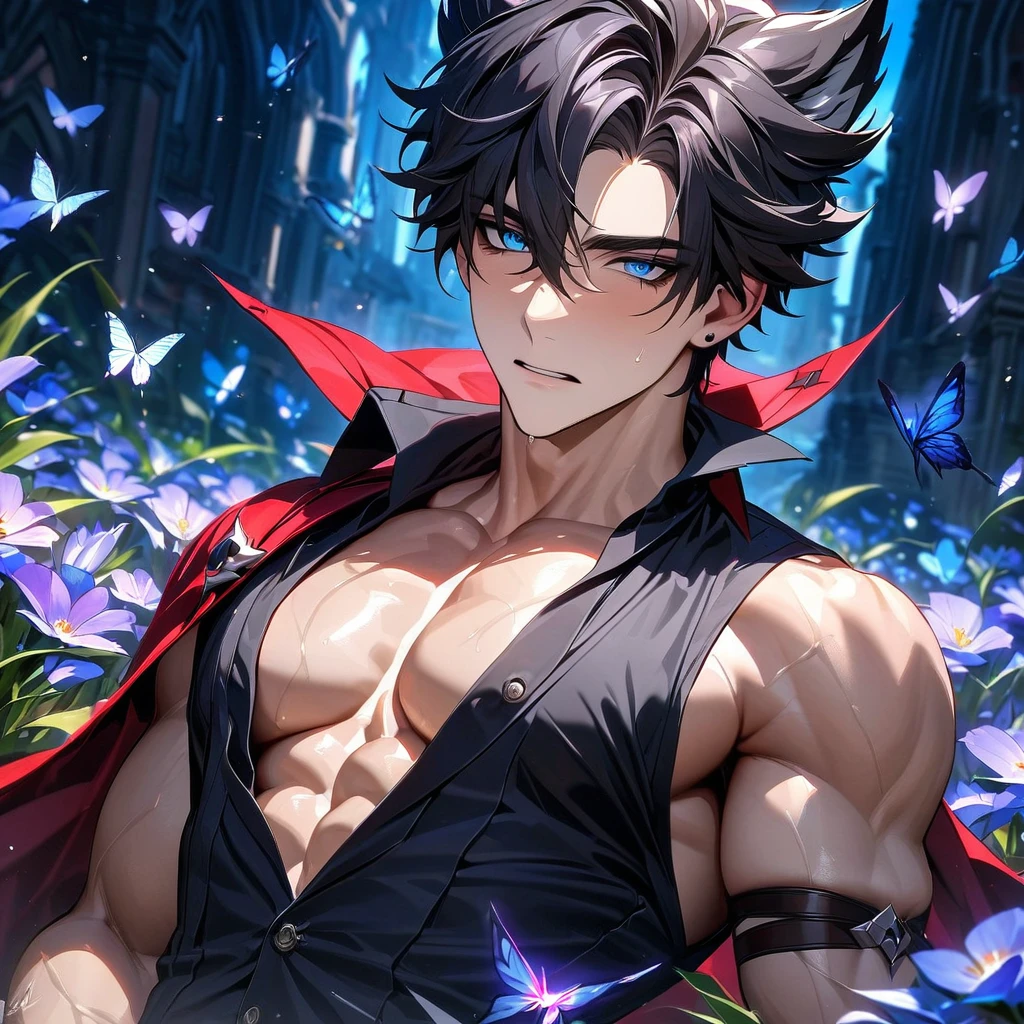 absurdres, highres, ultra detailed, HDR, master piece, best quality, perfect face, Wriothesley, black hair, expressive blue eyes, Genshin Impact, solo, sexy man, handsome, toned chest, sensual, erotic, gray vest, black shirt, red cape, water, blue flowers, blue butterflies, petals
