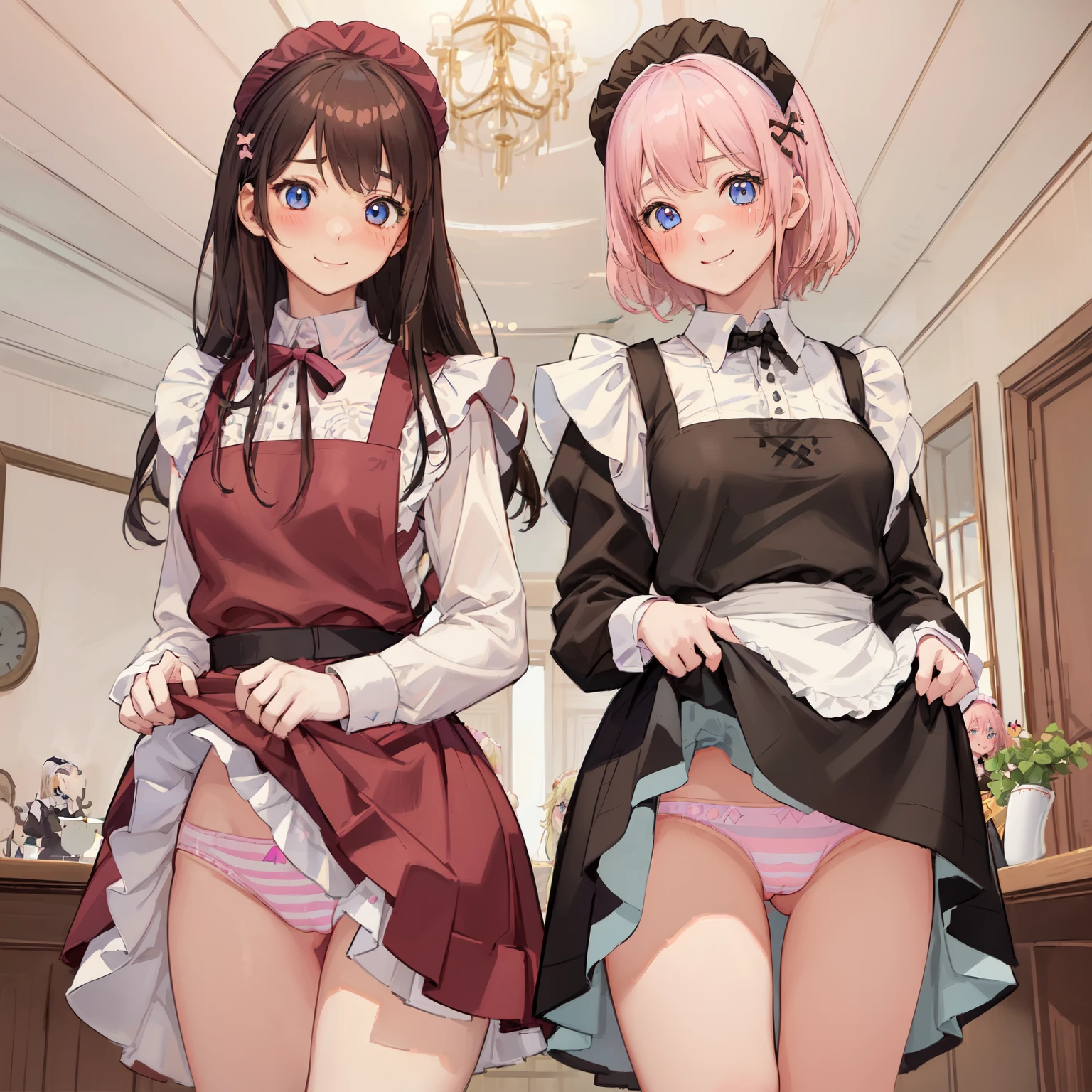 highest quality、masterpiece、((2 girls:1.5))、((smile:1.3))、(blush:1.3)、Black Shirt、blouse、((fun!!))、(Small breasts)、()、Blonde、(Long sleeve)、((White apron:1.5))、((Maid))、((hair ornaments)),、Kamimei、look at me、 ((in house:1.5))、 Taking a break from watching the audience、Cowboy Shot、(Skirt lift:1.3),(Highly detailed pink striped panties:1.3)、(Highly detailed panties:1.3)、、(スカート that rolls up:1.3)、(Panties fully exposed:1.5)、Light blue eyes、long hair、Glowing Eyes