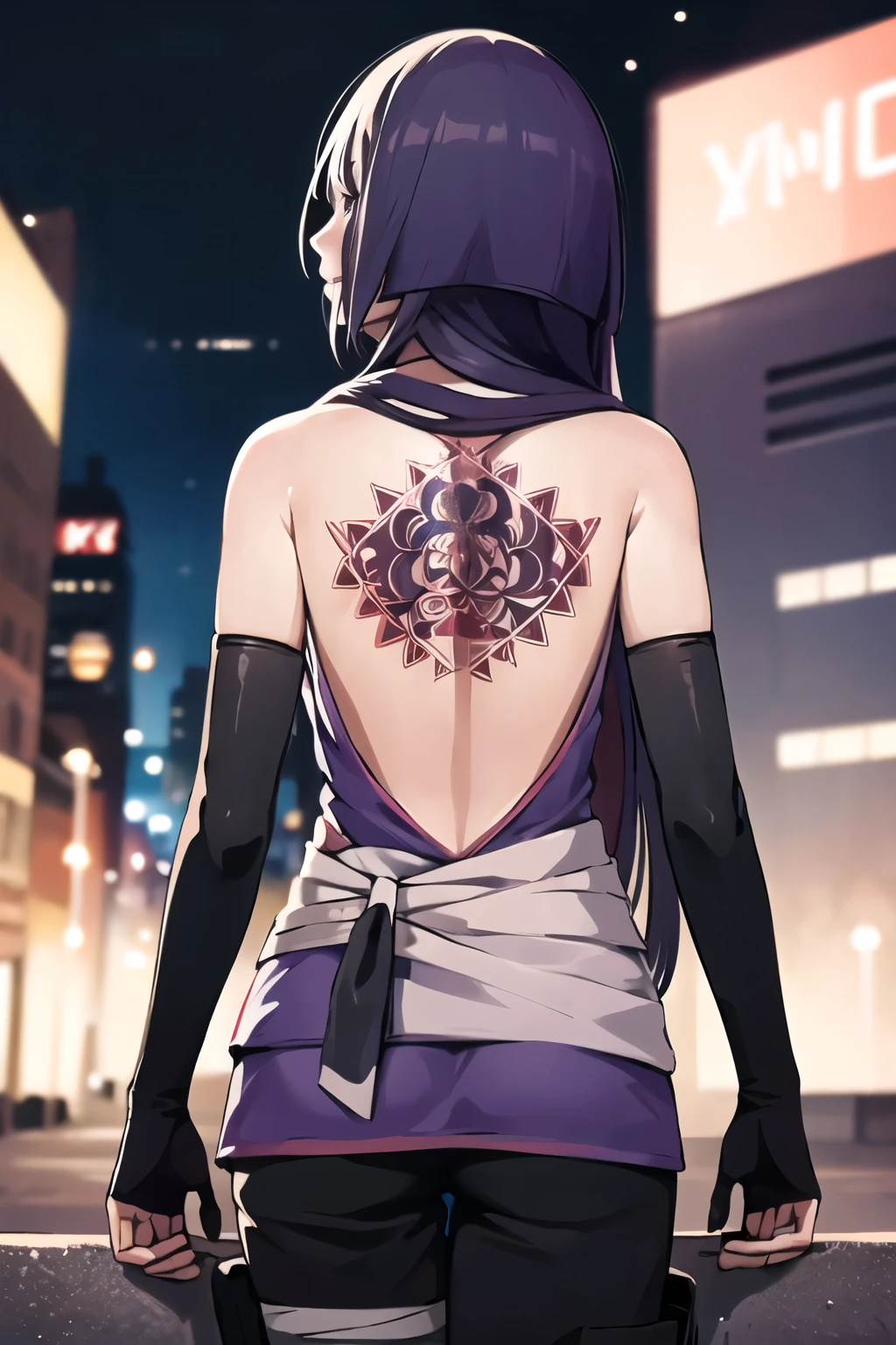 (best quality), (highly detailed), Artwork, (official art), sumire kakei, long hair, sideways, dynamic pose, backless outfit, back tattoo, elbow gloves, fingerless gloves, straight hair, bandages, bandaged arm, ninja, backlight, looking at viewer, city, night, sky, cowboy shot, (intrinsically detailed, hyper-detailed), blurred background, depth of field, best quality, artwork, intricate details, image mapping tone, sharp focus, hyper detailed, trending on Artstation, 1 girl, high resolution, official art
