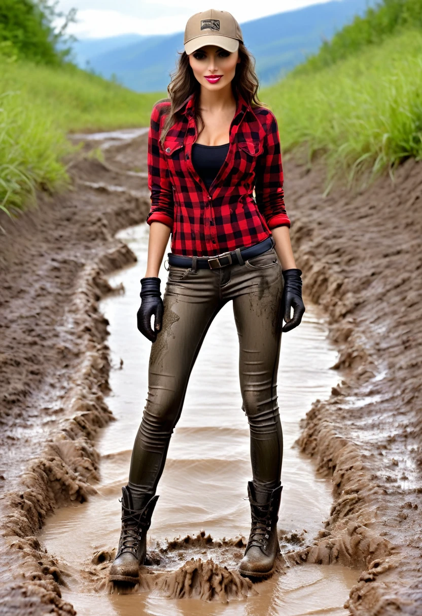 (Slim sexy body girl, long legs), hiking boots, ( covered of mud washed-out black dirty long tight jeggings:1.5), (open khaki military long sleeves jacket)(tight red checkered shirt with cleavage), (baseball cap), (leather gloves). Ultra-realistic.  (legs spread wide showing crotch). Half bottom body.