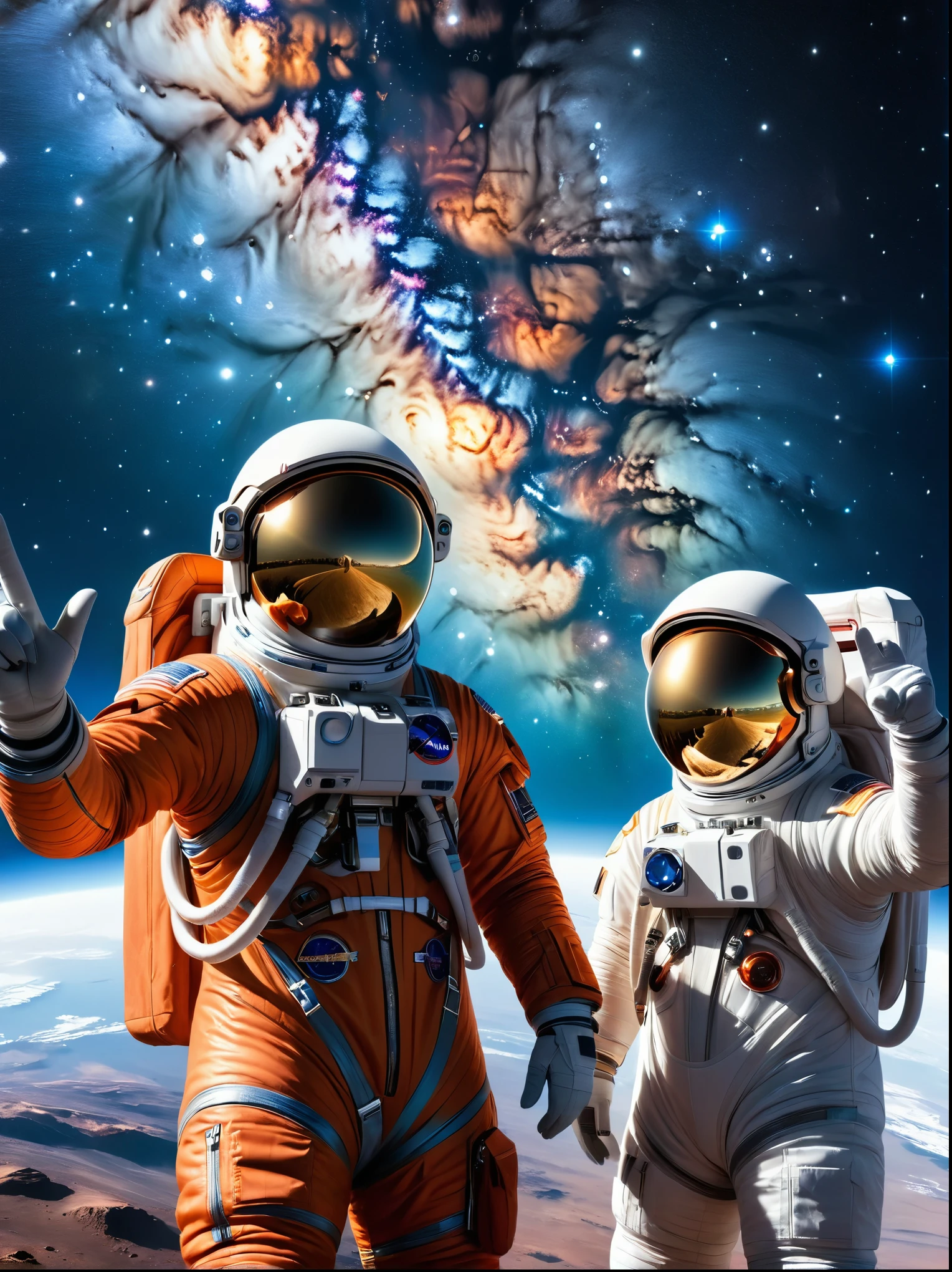 (一张放在台上的双人photo:1.5), Close shot, close up, (photo:1.5), Two astronauts in space, Photograph, Stand side by side, (Raise the V sign), (A ray of sunlight rose behind them), Space suit details, Helmet reflective, earth in background, Cosmic stars, Galaxy Background, High-tech spacesuit, Milky Way Landscape, space photography, Studio Lighting, Physically based rendering, Sharp focus, Extremely detailed, major, Bright colors, Bright light source, (Best quality, 8K, high resolution, masterpiece:1.2), Super detailed, (1.4 times more realism)