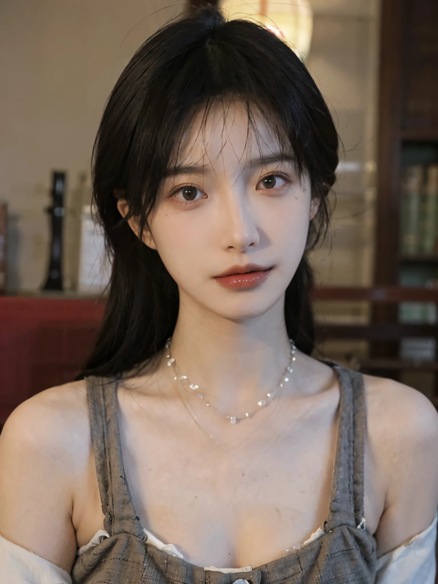 Film portrait photography, 1 girl, bare shoulders,lipstick,(flat chest:1.4), wear necklace,Cute expression,Exquisite makeup,Red suspenders,serene, calm, (Realistic and detailed eyes, natural skin texture, Realistic facial details), Soft dramatic lighting, depth of field, Bokeh, Vibrant details, Detailed and detailed, surreal, 35mm film, hazy, ,