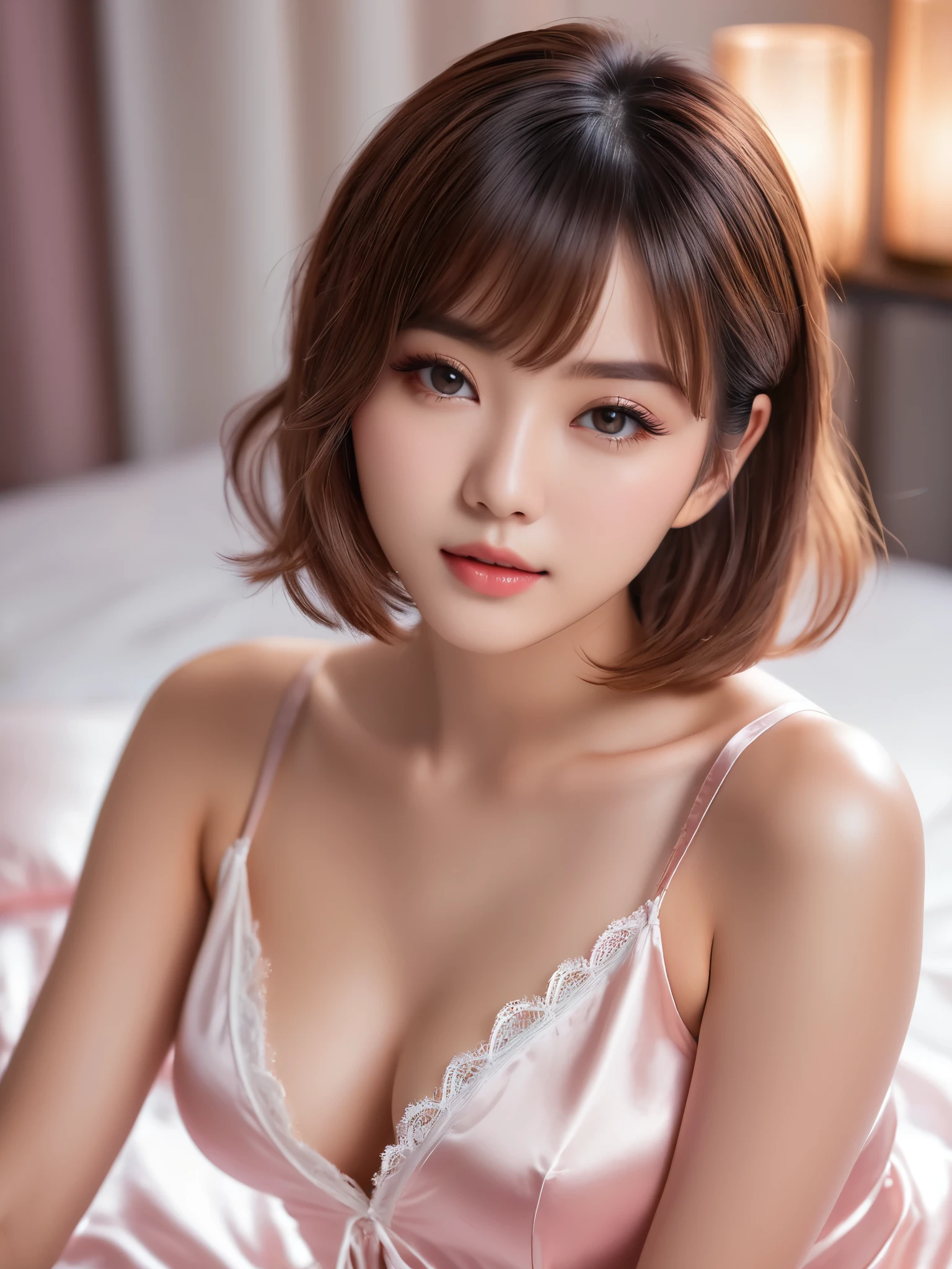 masterpiece, 1 woman per 1photo, full body shot, front view, a Japanese young pretty woman, hyper pretty face, 18 years old, short hair, sitting on a silk bed, wearing only a sleeveless silky satin light pink chemise with white laces, busty, wet body, glossy lips, glamorous figure, silk pillow, silk bed sheets, double eyelids in both eyes, natural makeup, long eyelashes, shiny smooth light brown hair, asymmetrical bangs, fair skin, central image, 8K resolution, high detail, detailed hairstyle, detailed face, spectacular cinematic lighting, octane rendering, vibrant, hyper realistic, perfect limbs, perfect anatomy