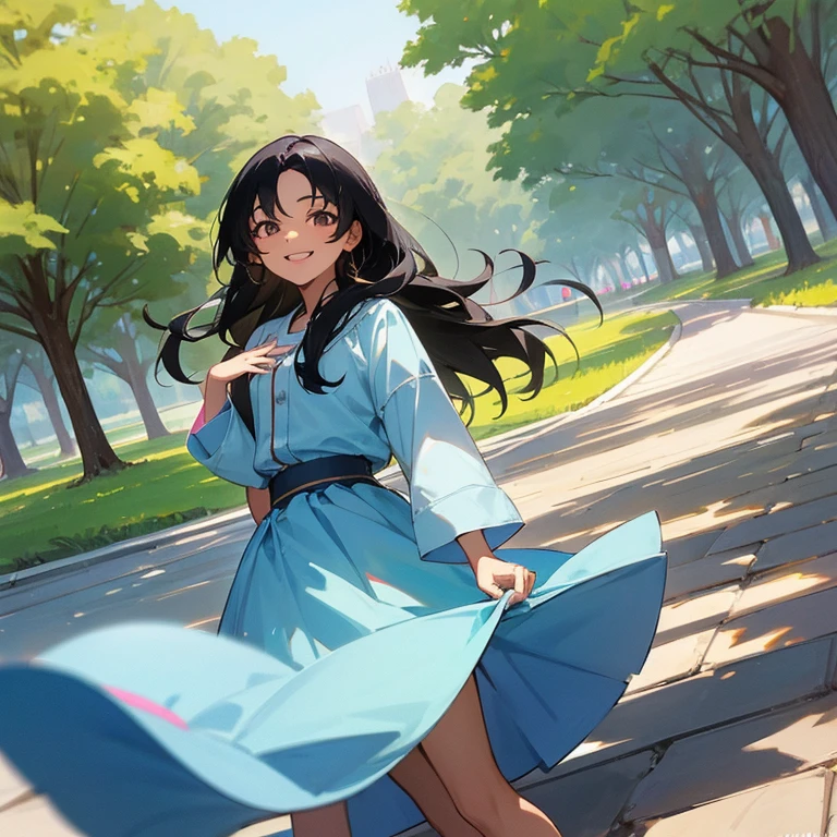 arafed girl with long black hair smiling in a park, nivanh chanthara, with a beautifull smile, very slightly smiling, she is smiling and happy, slight cute smile, she is about 1 , she is smiling, she is smiling and excited, she expressing joy, beautiful and smiling, 1 6 years oldile