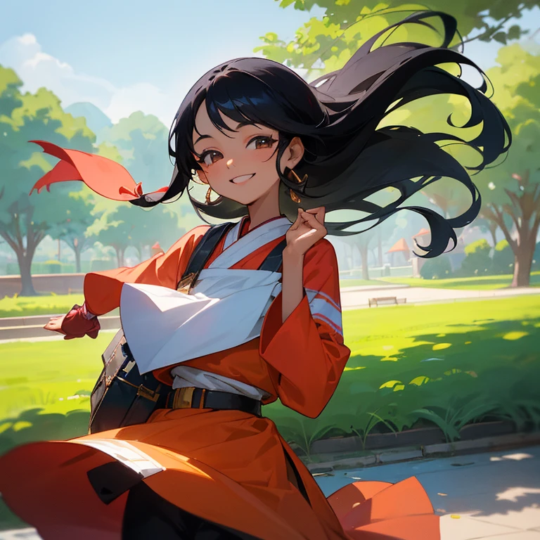 arafed girl with long black hair smiling in a park, nivanh chanthara, with a beautifull smile, very slightly smiling, she is smiling and happy, slight cute smile, she is about 1 , she is smiling, she is smiling and excited, she expressing joy, beautiful and smiling, 1 6 years oldile