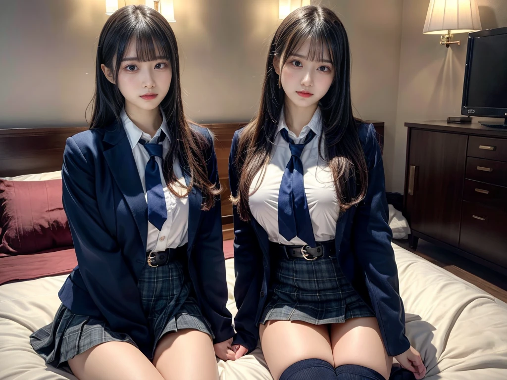(8K, Raw photography, top-quality, masterpiece:1.2), master piece, best quality, illustration, Super detailed, fine details, High resolution, 8K,wall paper, perfect dynamic composition,(Details High quality, realistic depiction of eyes:1.3), ((2 girls, 2 schoolgirls)), The background is a luxury hotel room、High school girl uniform、blazer 、Super Short Check Uniform Skirt、Navy blue high socks、garterbelts、Colossal tits、Disturbed uniform, Play with each other,Touching each other's bodies,Touching the body of the girl next door, short bob hair, black hair color, huge breasts, Big Natural Color Lip, bold sexy pose, (perfect body shape), crying a little、cold gaze, Beautiful makeup,glitter makeup,Cutest 18 years old, beautiful legs, hposing Gravure Idol, Voluptuous thighs