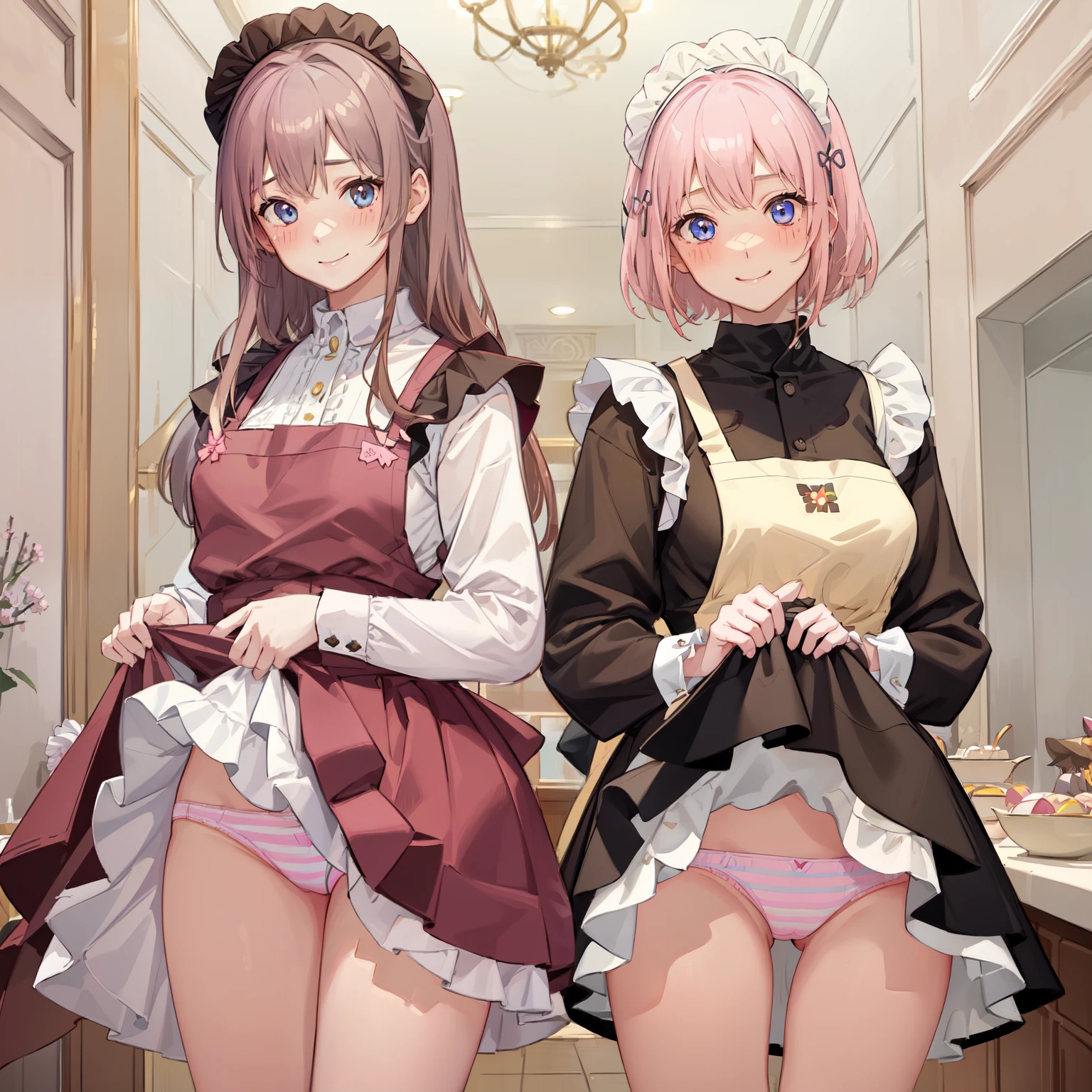 highest quality、masterpiece、((2 girls:1.5))、((smile:1.3))、(blush:1.3)、Black Shirt、blouse、((fun!!))、(Small breasts)、()、Blonde、(Long sleeve)、((White apron:1.5))、((Maid))、((hair ornaments)),、Kamimei、look at me、 ((in house:1.5))、 Taking a break from watching the audience、Cowboy Shot、(Skirt lift:1.3),(Highly detailed pink striped panties:1.3)、(Highly detailed panties:1.3)、、(スカート that rolls up:1.3)、(Panties fully exposed:1.5)、Light blue eyes、long hair、Glowing Eyes
